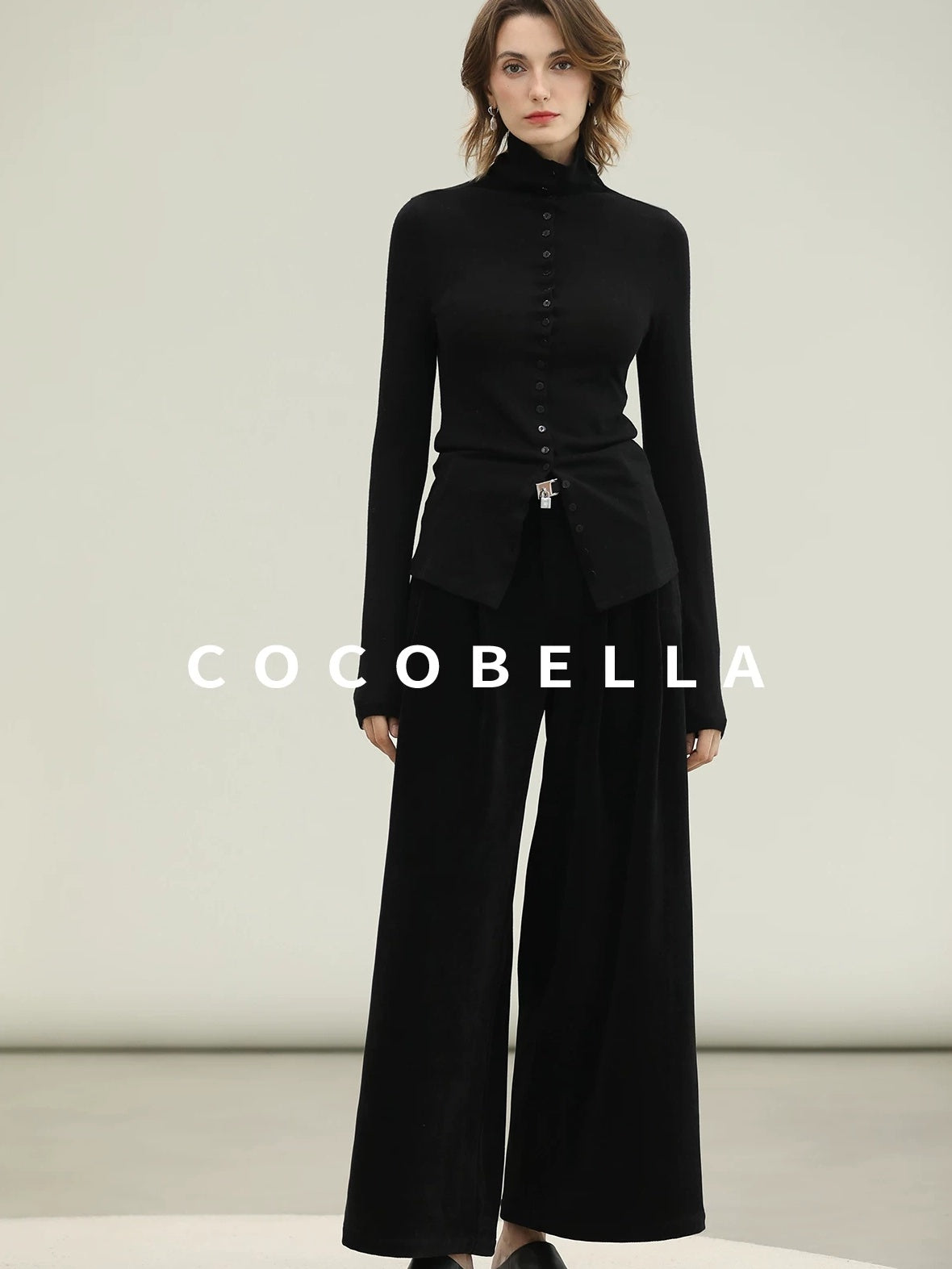 COCOBELLA High Waist Wide Leg Tailored Button Zipper Minimalist Office Work Pockets Pants