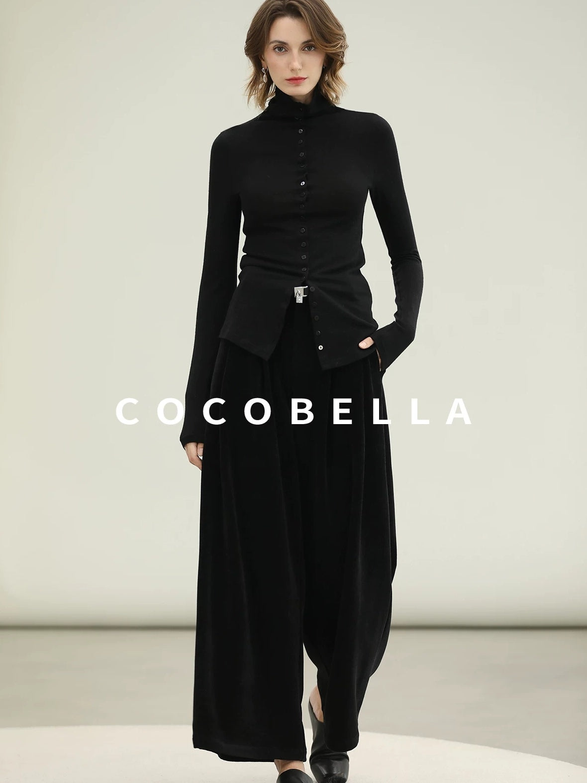 COCOBELLA High Waist Wide Leg Tailored Button Zipper Minimalist Office Work Pockets Pants