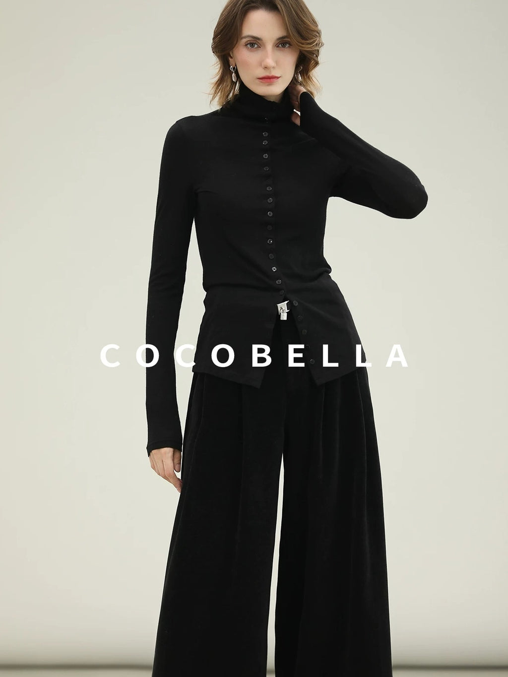 COCOBELLA High Waist Wide Leg Tailored Button Zipper Minimalist Office Work Pockets Pants
