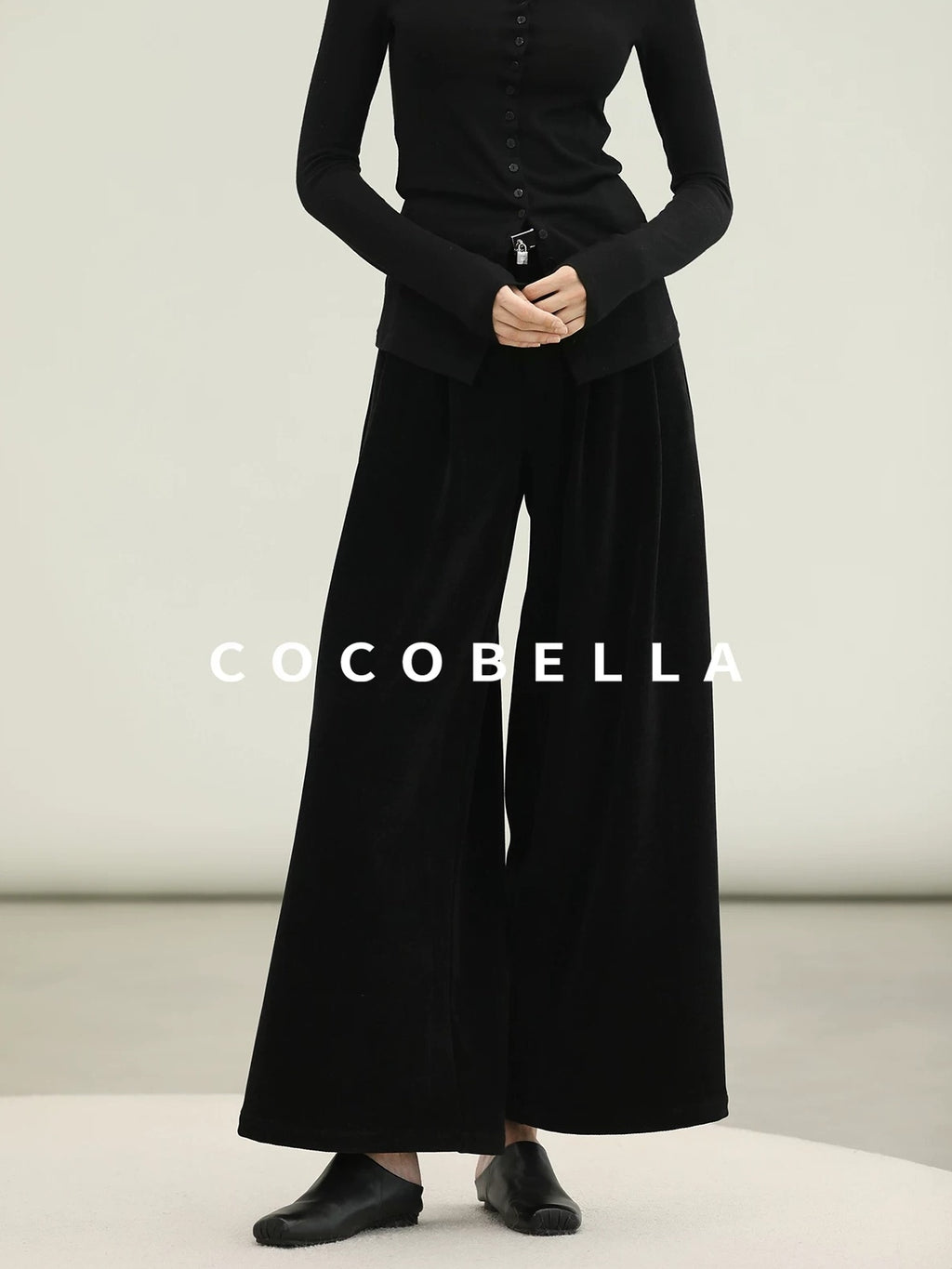 COCOBELLA High Waist Wide Leg Tailored Button Zipper Minimalist Office Work Pockets Pants