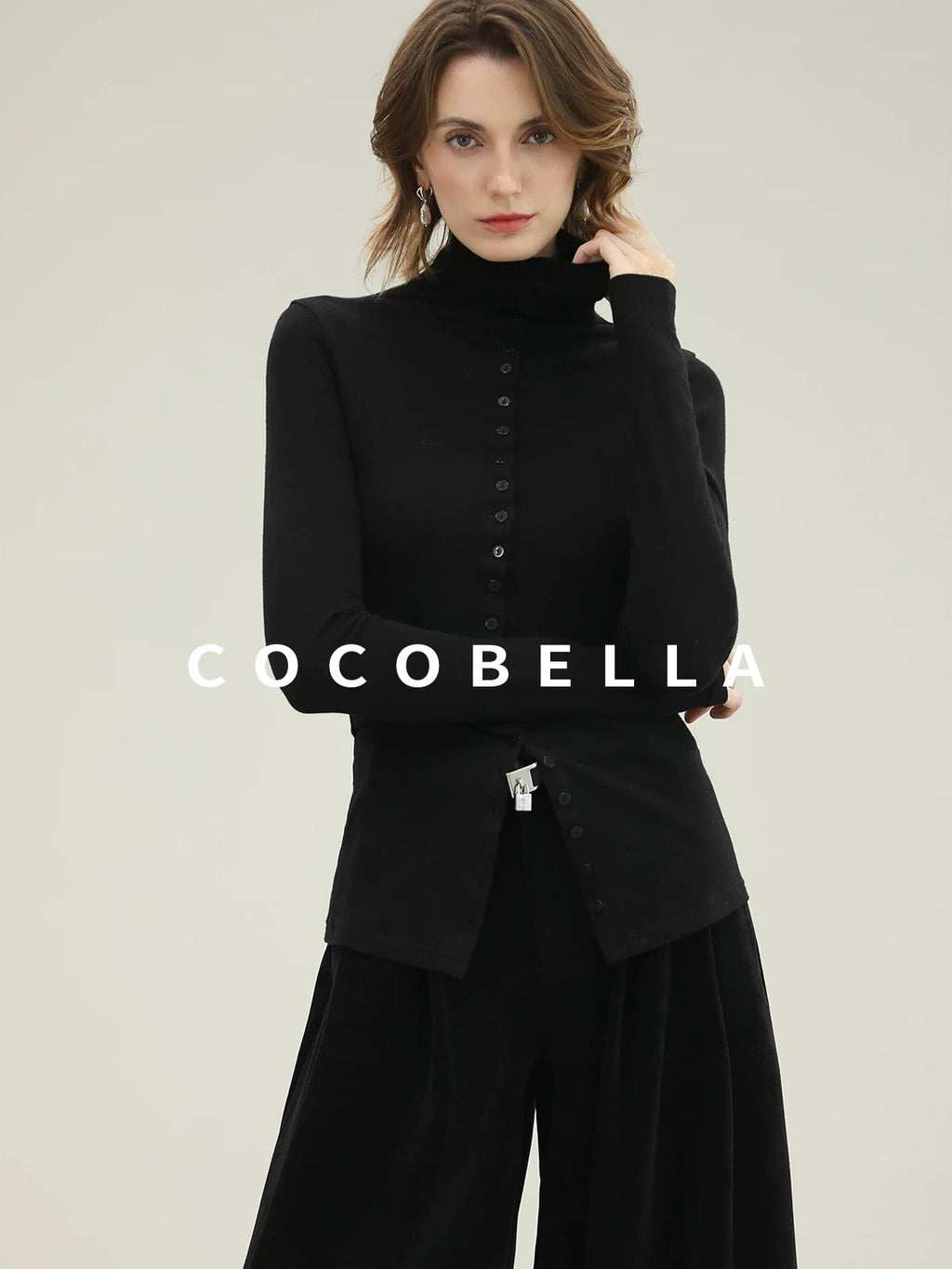 COCOBELLA High Waist Wide Leg Tailored Button Zipper Minimalist Office Work Pockets Pants