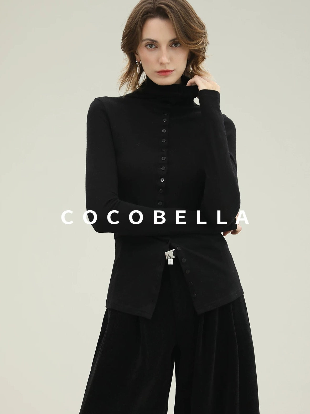 COCOBELLA High Waist Wide Leg Tailored Button Zipper Minimalist Office Work Pockets Pants