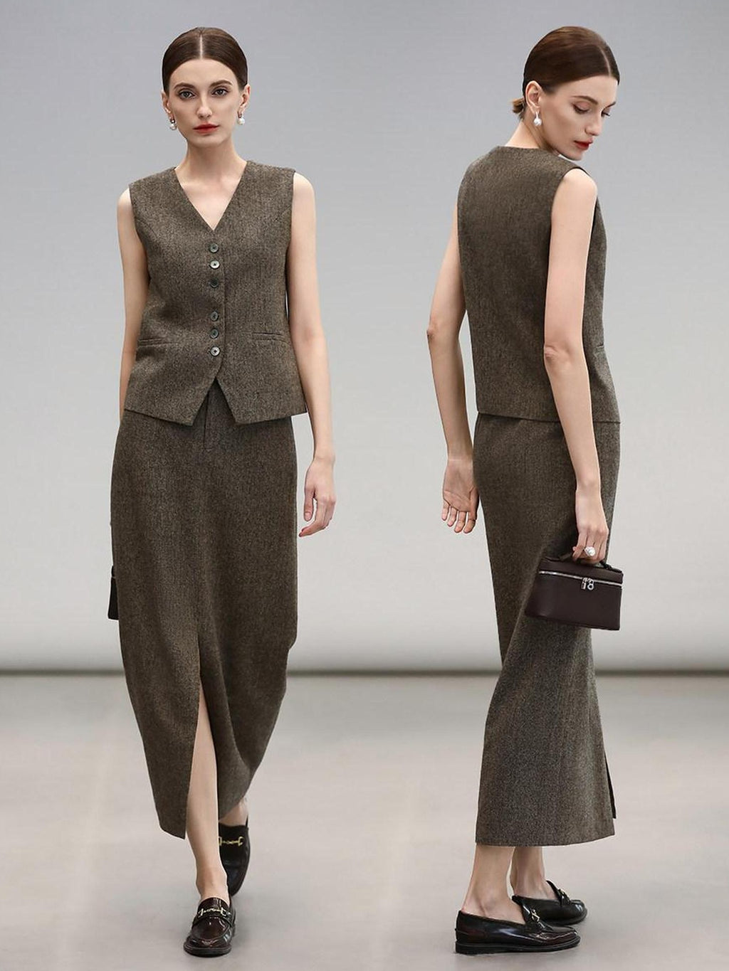 COCOBELLA High Waist Wool Blend Front Slit Vintage Commuter Straight Midi Women Skirts