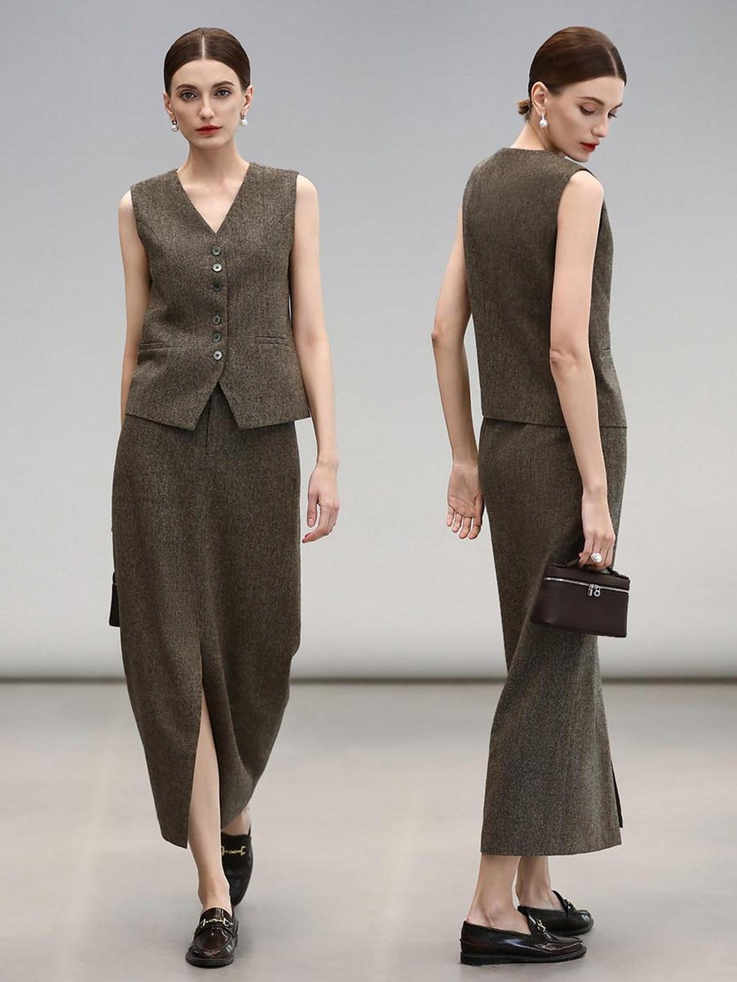 COCOBELLA High Waist Wool Blend Front Slit Vintage Commuter Straight Midi Women Skirts