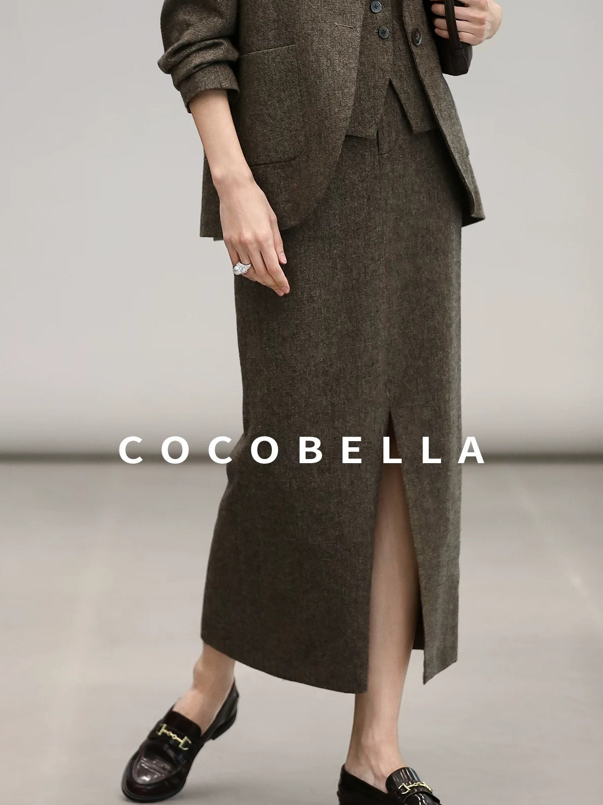 COCOBELLA High Waist Wool Blend Front Slit Vintage Commuter Straight Midi Women Skirts