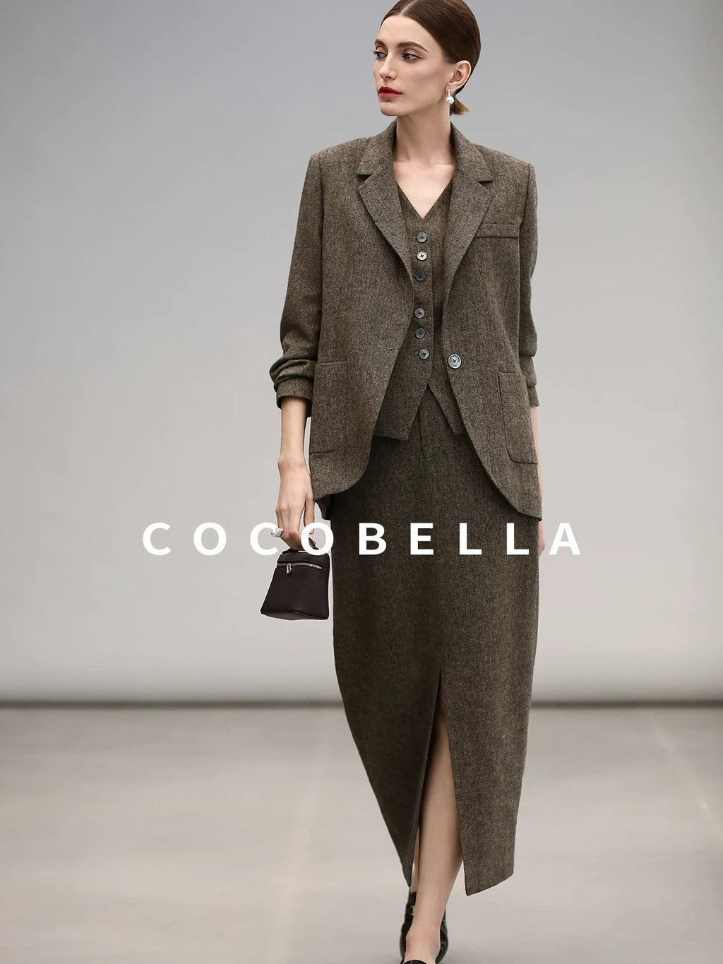 COCOBELLA High Waist Wool Blend Front Slit Vintage Commuter Straight Midi Women Skirts
