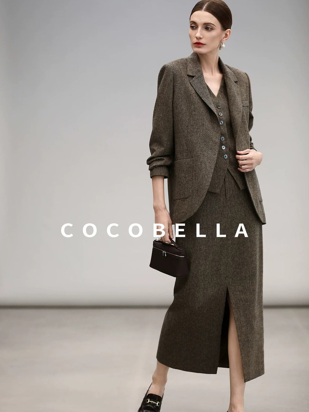 COCOBELLA High Waist Wool Blend Front Slit Vintage Commuter Straight Midi Women Skirts