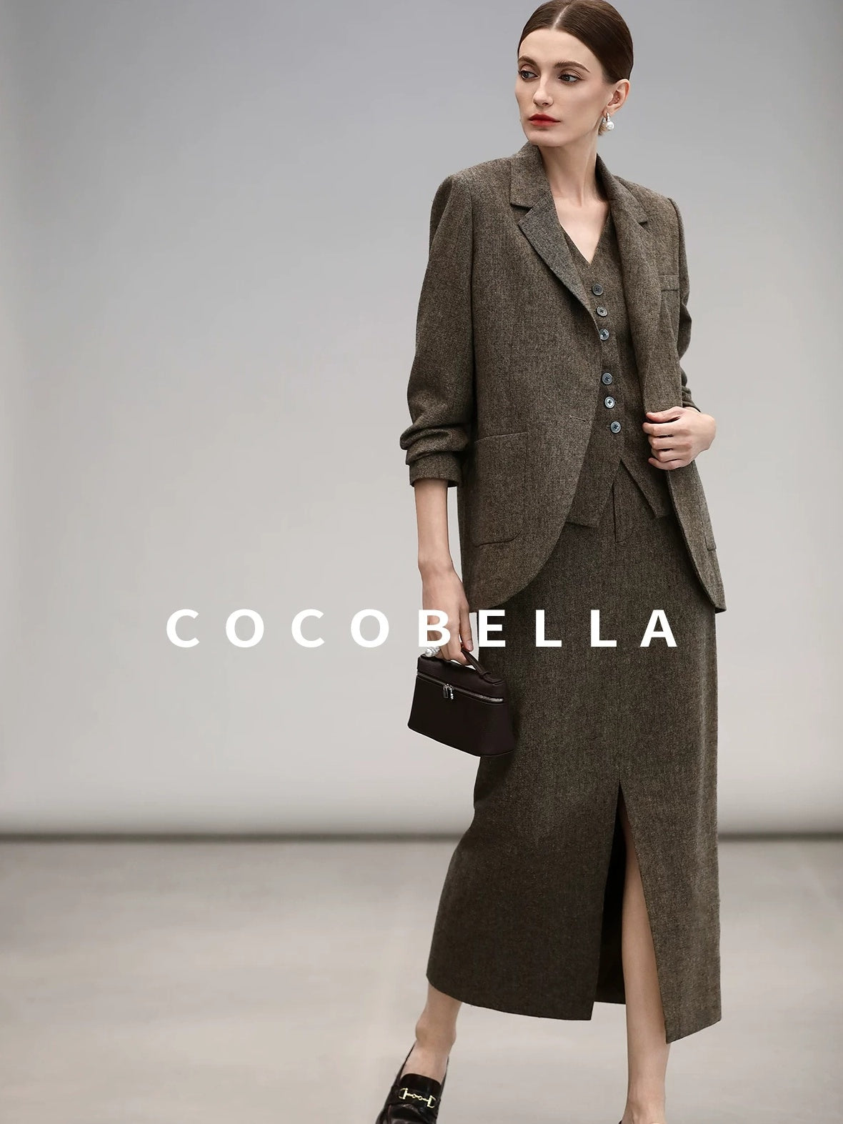 COCOBELLA High Waist Wool Blend Front Slit Vintage Commuter Straight Midi Women Skirts