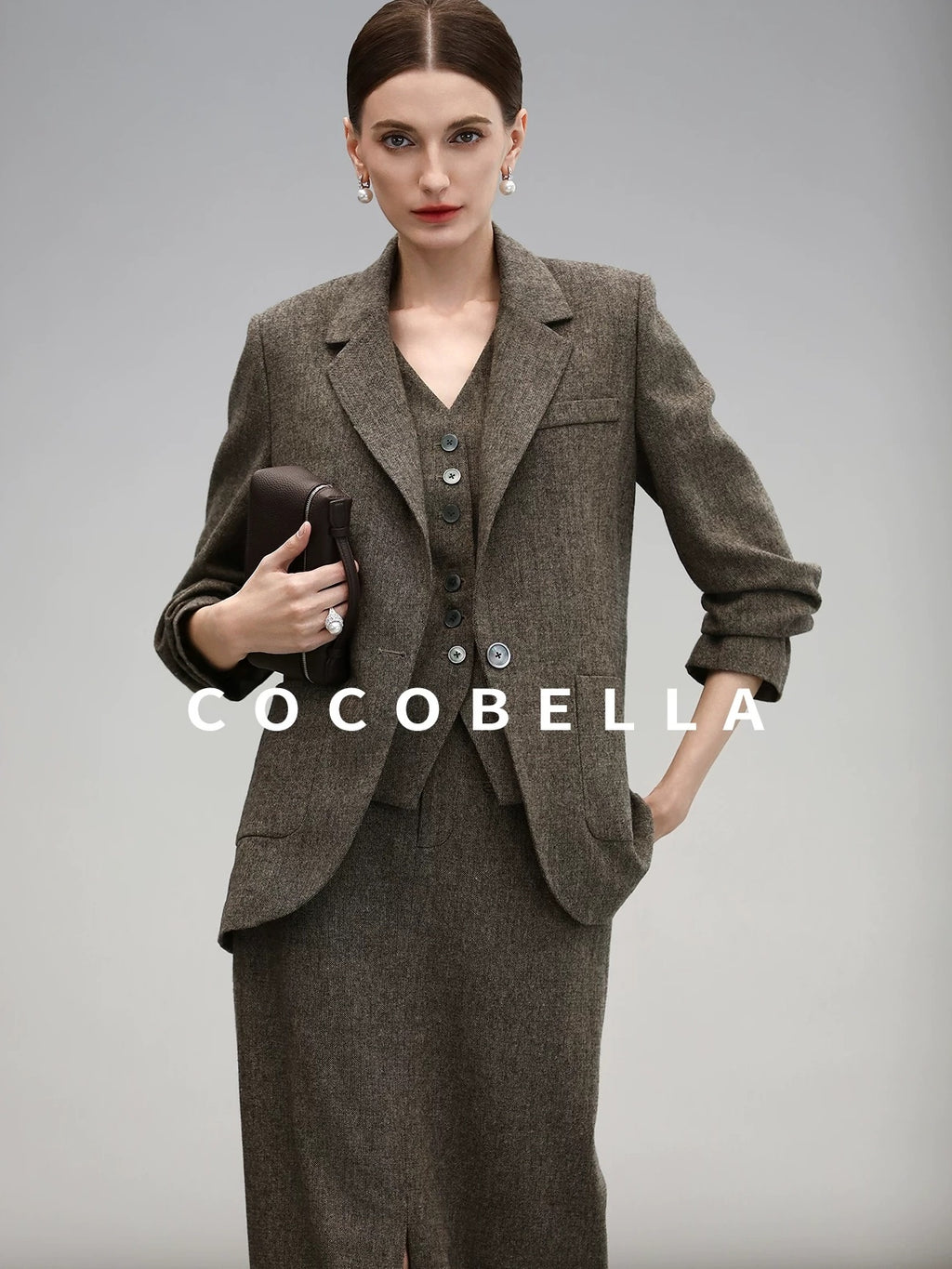 COCOBELLA High Waist Wool Blend Front Slit Vintage Commuter Straight Midi Women Skirts