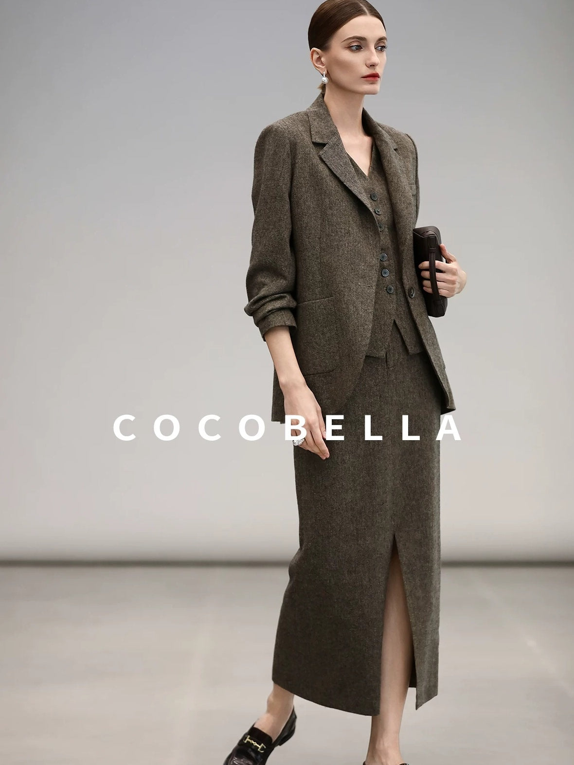 COCOBELLA High Waist Wool Blend Front Slit Vintage Commuter Straight Midi Women Skirts