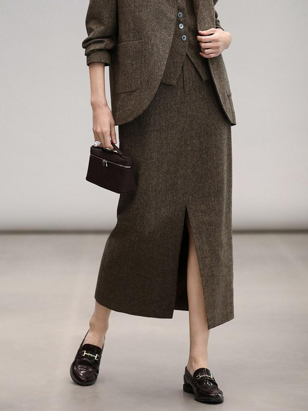 COCOBELLA High Waist Wool Blend Front Slit Vintage Commuter Straight Midi Women Skirts