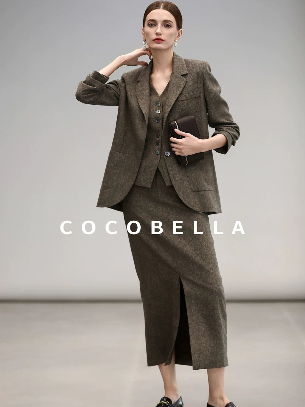 COCOBELLA High Waist Wool Blend Front Slit Vintage Commuter Straight Midi Women Skirts