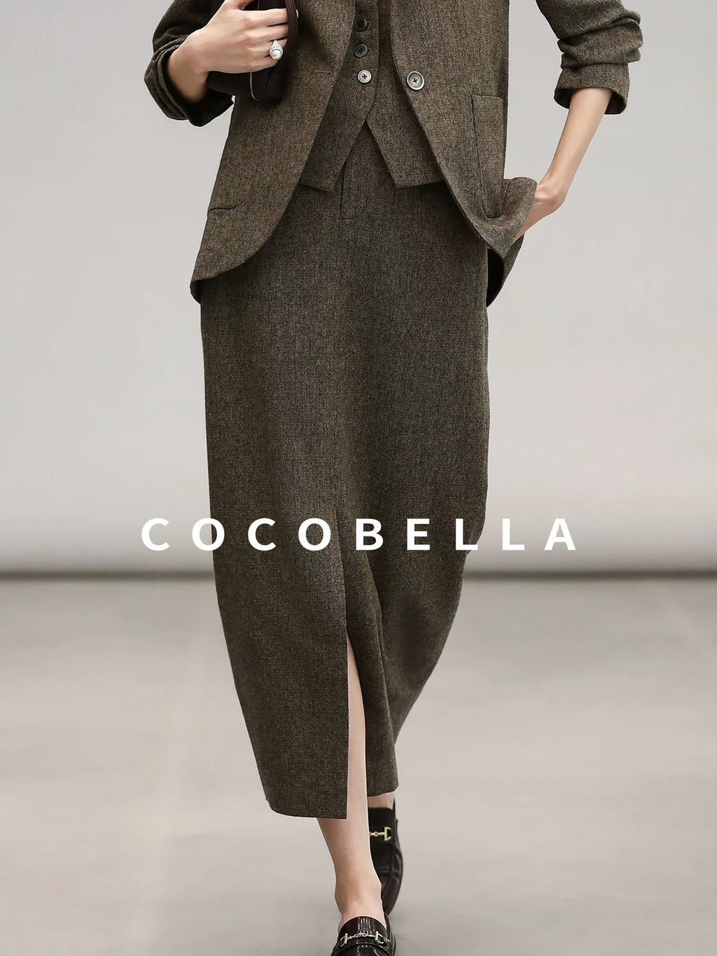 COCOBELLA High Waist Wool Blend Front Slit Vintage Commuter Straight Midi Women Skirts