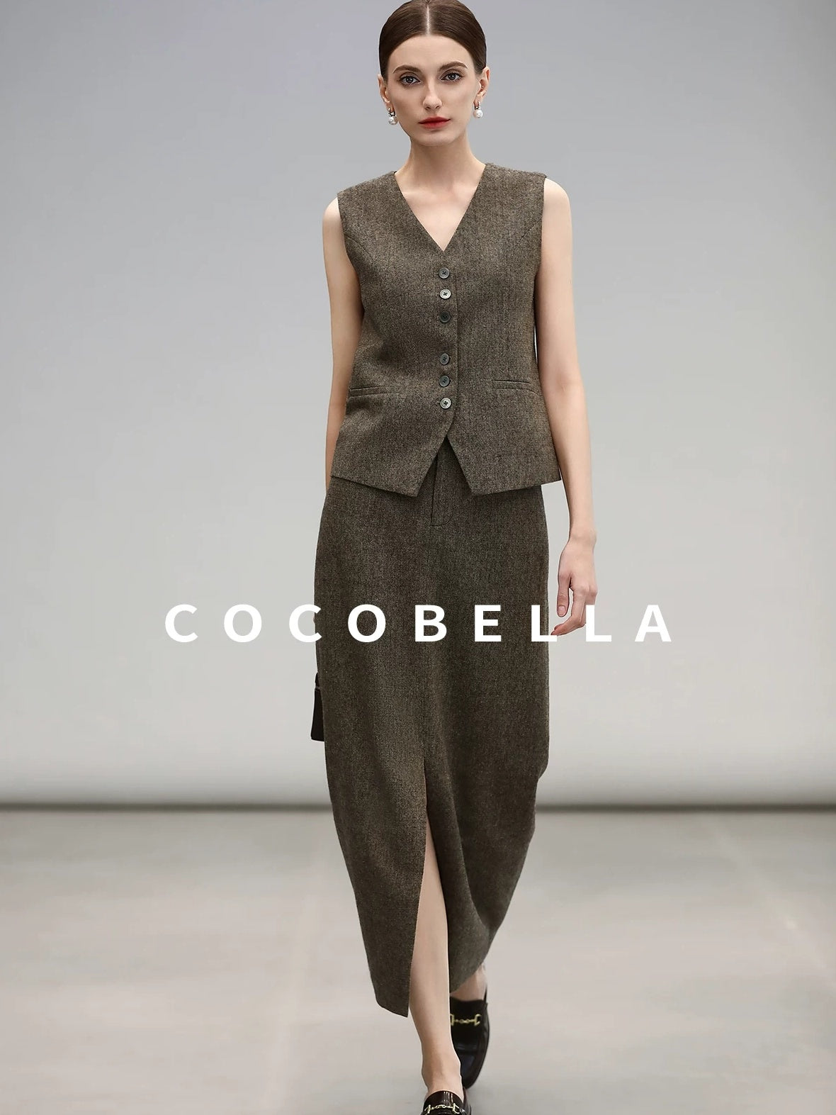 COCOBELLA High Waist Wool Blend Front Slit Vintage Commuter Straight Midi Women Skirts