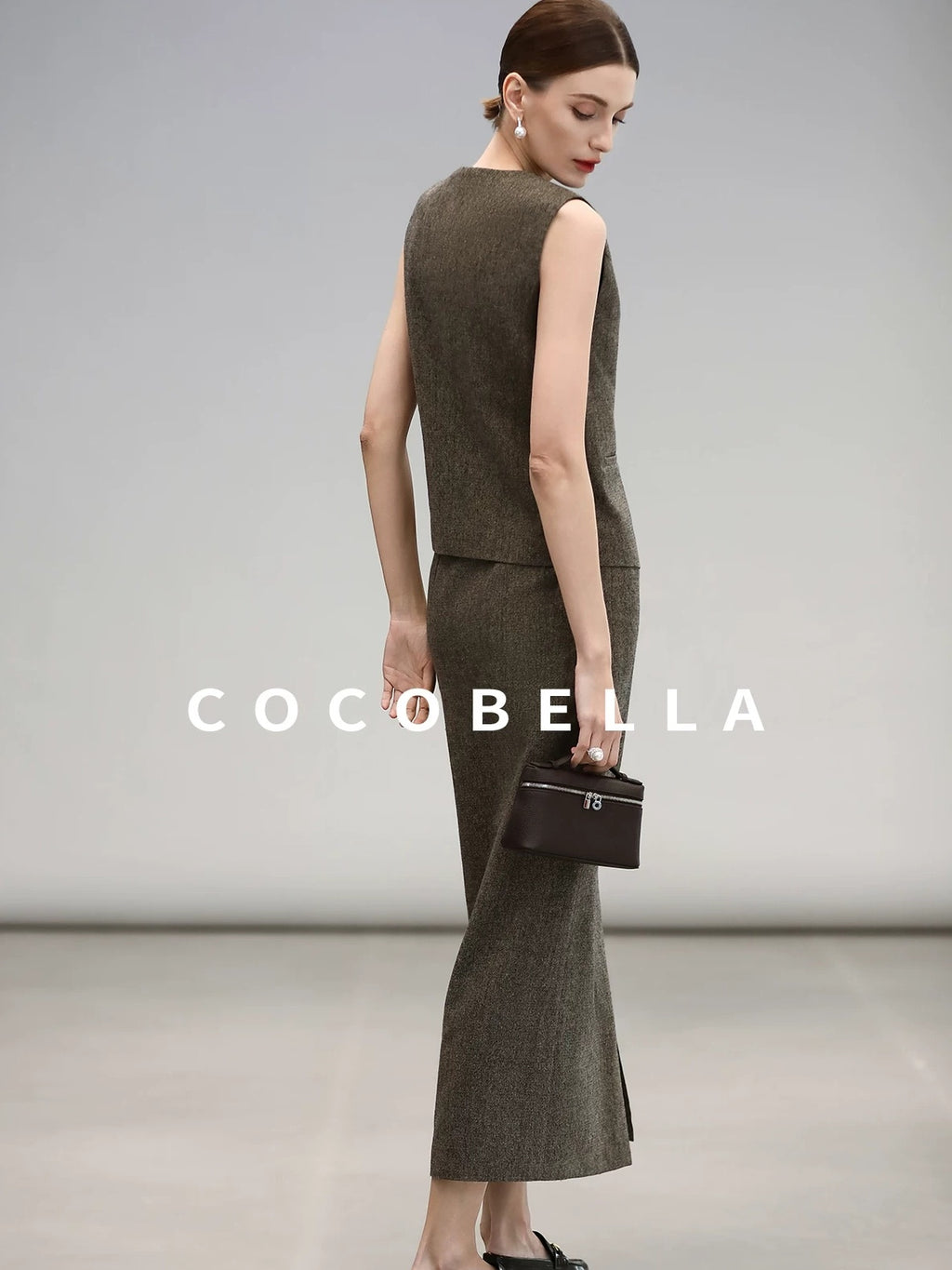 COCOBELLA High Waist Wool Blend Front Slit Vintage Commuter Straight Midi Women Skirts