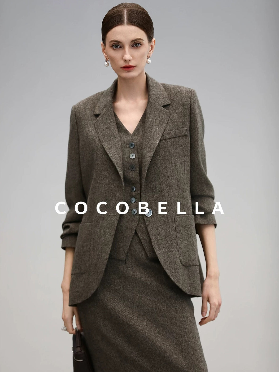 COCOBELLA High Waist Wool Blend Front Slit Vintage Commuter Straight Midi Women Skirts