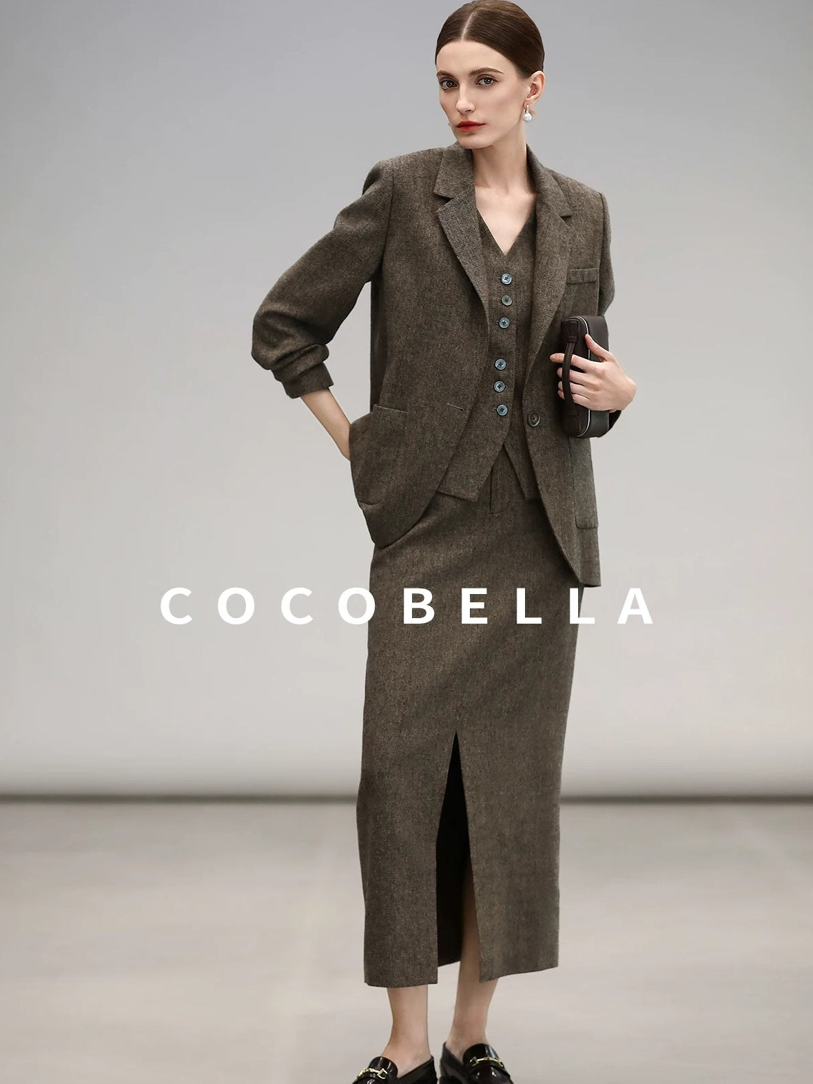 COCOBELLA High Waist Wool Blend Front Slit Vintage Commuter Straight Midi Women Skirts