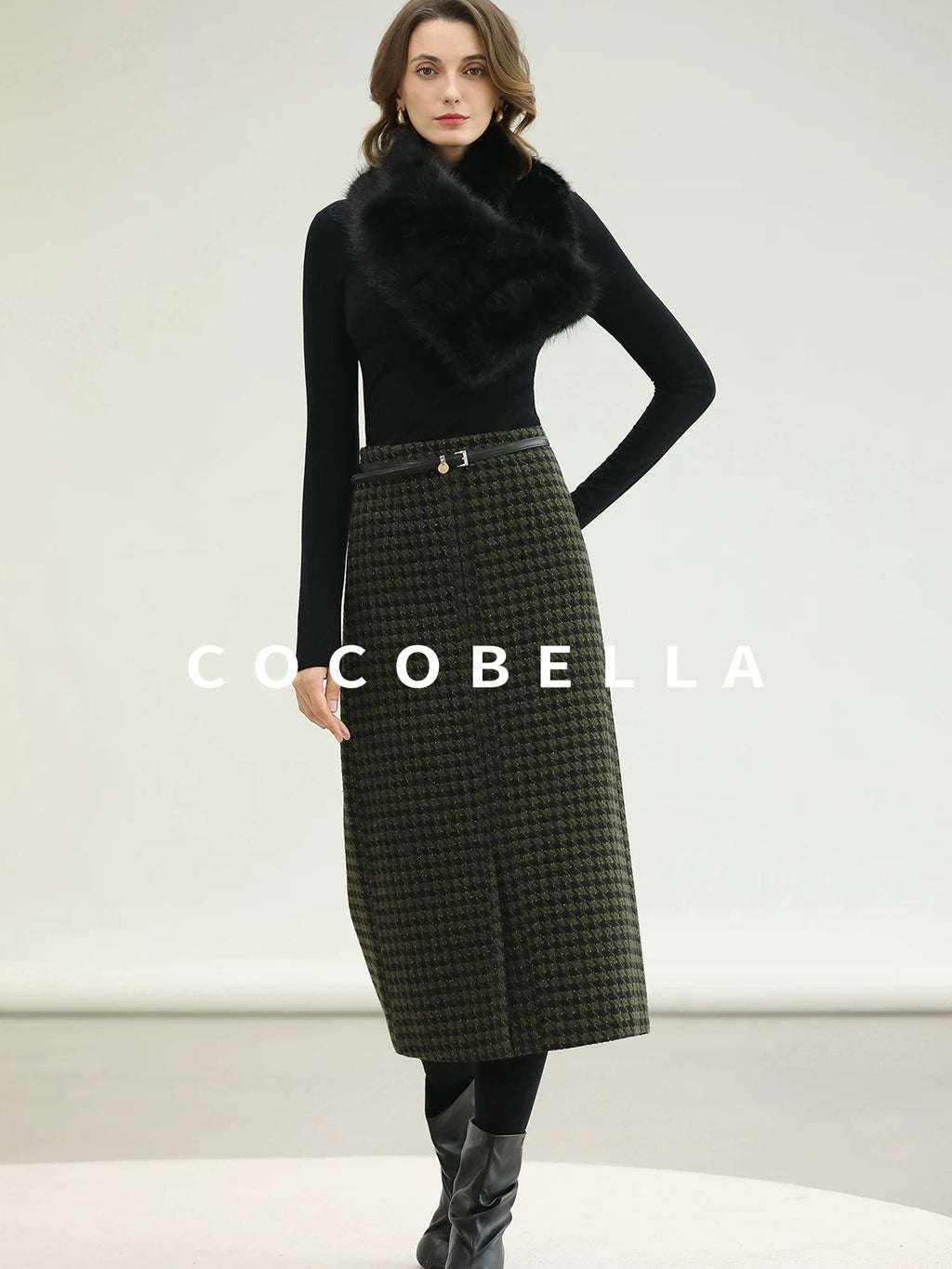 COCOBELLA High Waist Wool Blend Straight Midi Skirt Ladylike Office Workwear Skirts