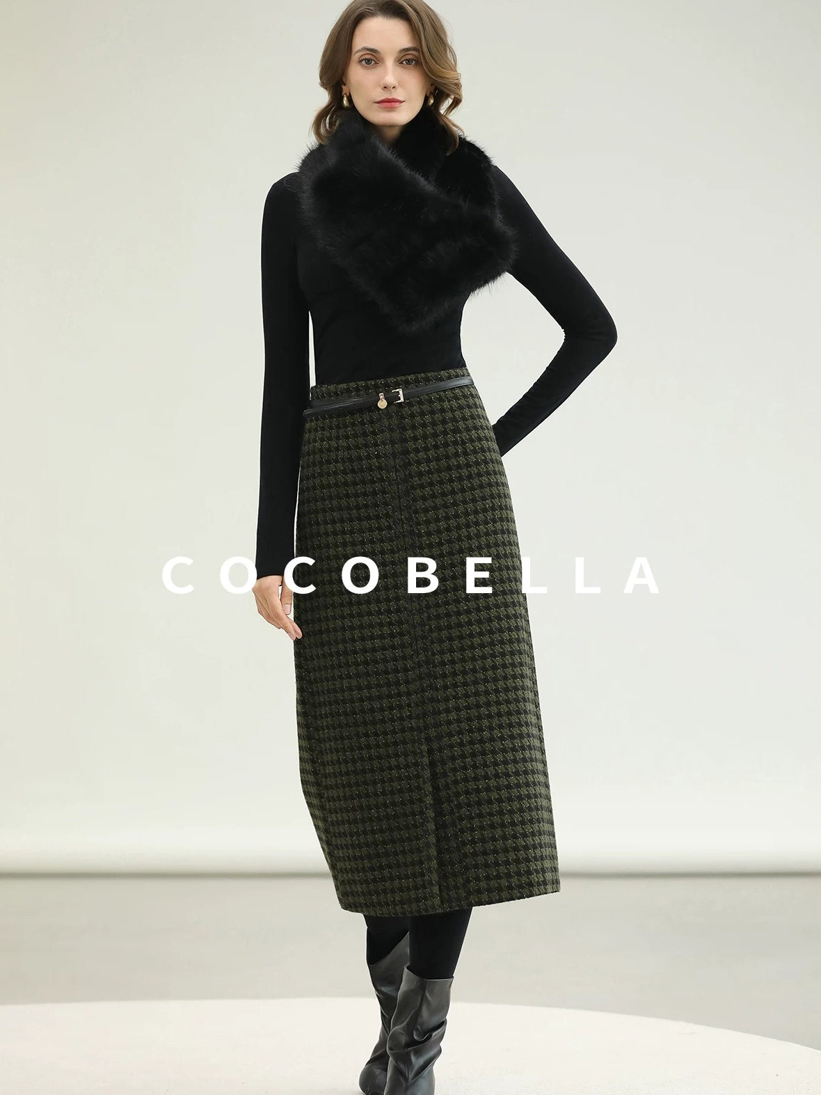 COCOBELLA High Waist Wool Blend Straight Midi Skirt Ladylike Office Workwear Skirts