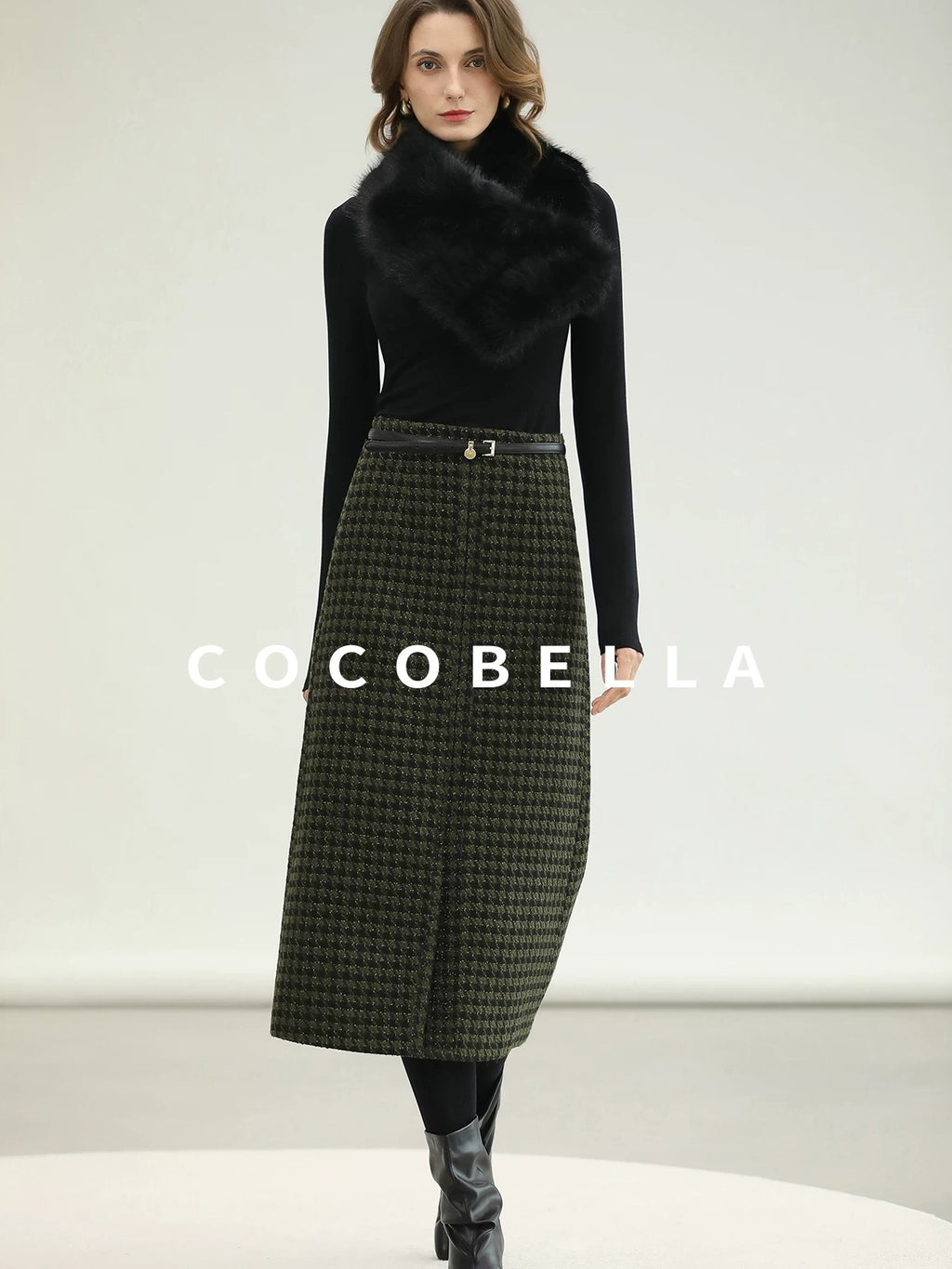 COCOBELLA High Waist Wool Blend Straight Midi Skirt Ladylike Office Workwear Skirts