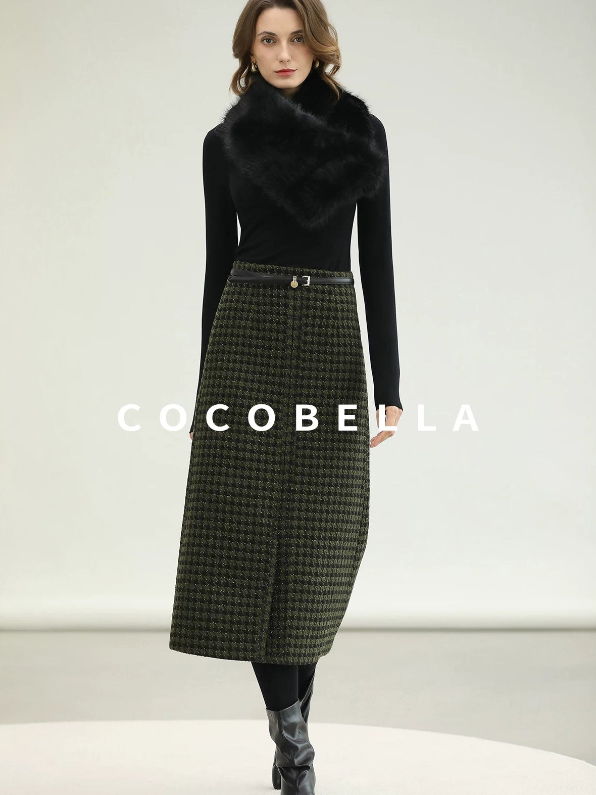 COCOBELLA High Waist Wool Blend Straight Midi Skirt Ladylike Office Workwear Skirts
