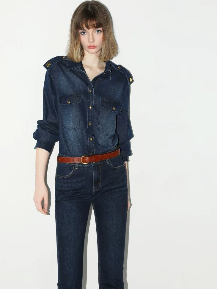 COCOBELLA High Waisted Stretch Vintage Slim Women Dark Blue Denim Jeans Pants