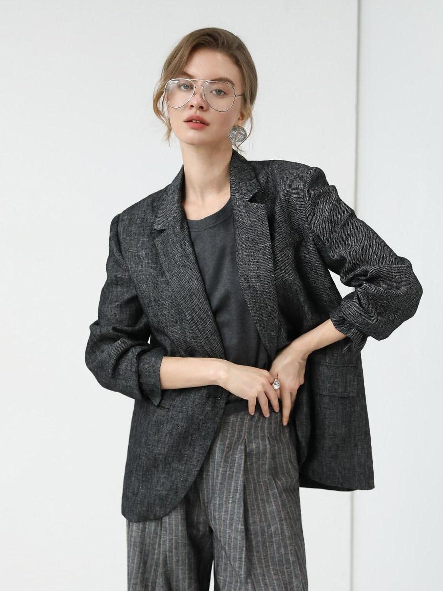 COCOBELLA High Waisted Wide Leg Striped Blazer Suit Set Women Workwear Pants