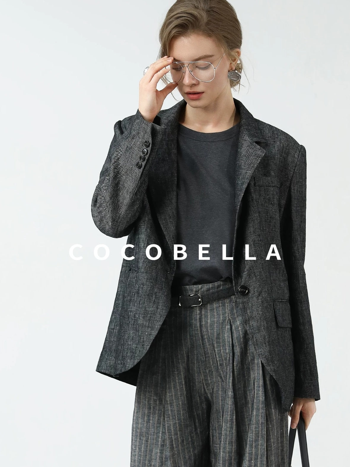 COCOBELLA High Waisted Wide Leg Striped Blazer Suit Set Women Workwear Pants