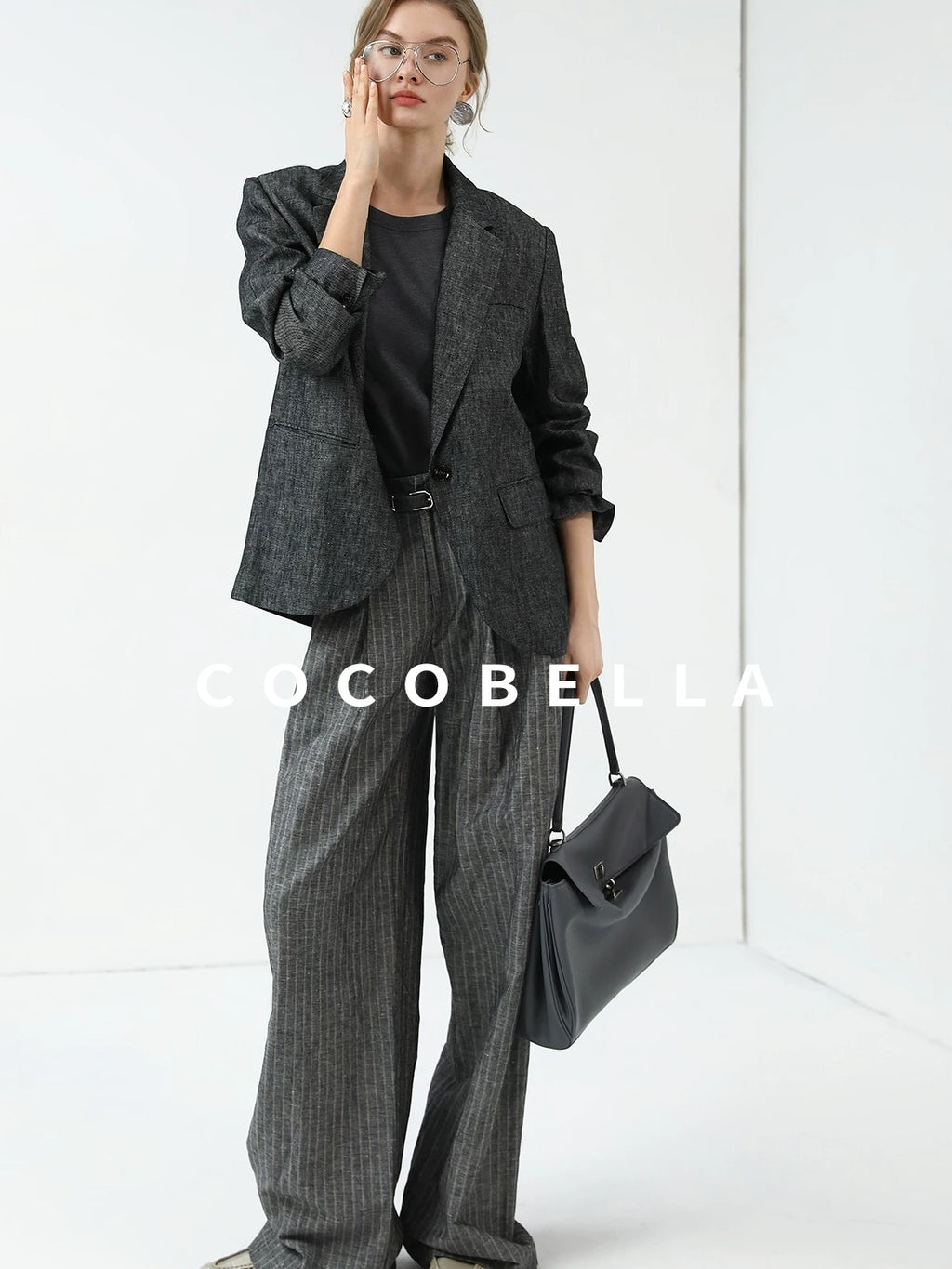 COCOBELLA High Waisted Wide Leg Striped Blazer Suit Set Women Workwear Pants