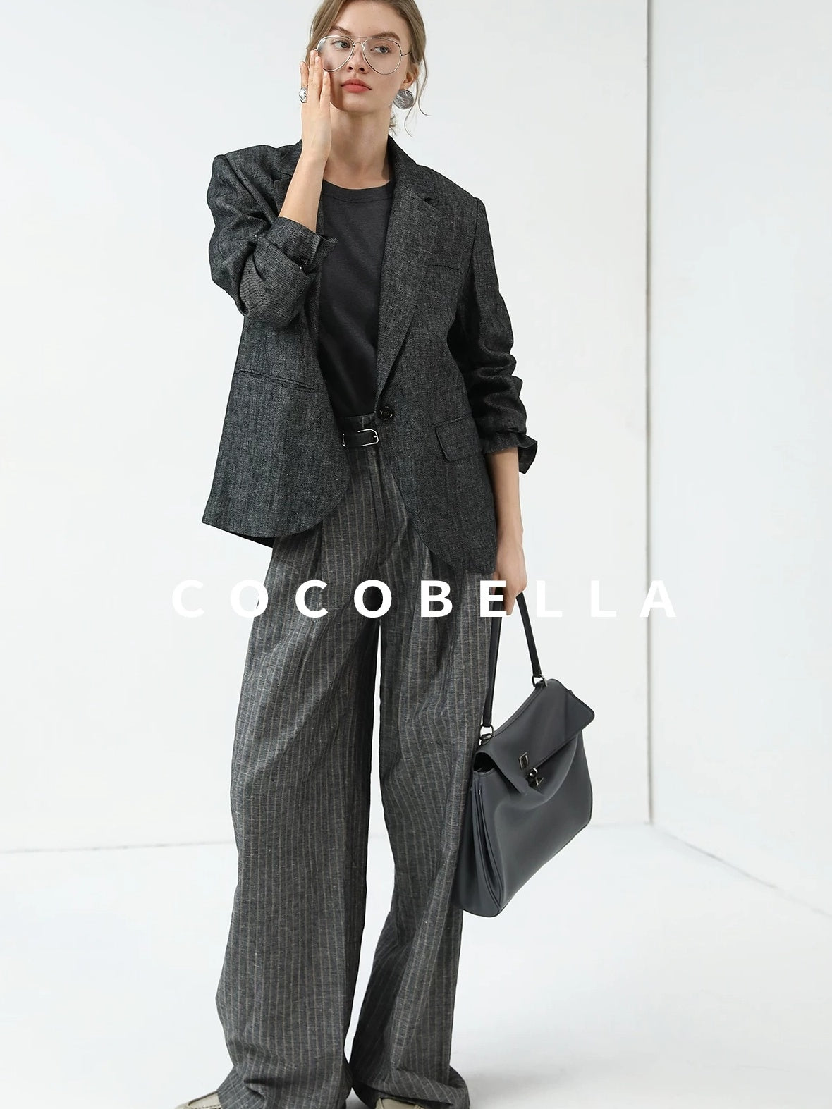 COCOBELLA High Waisted Wide Leg Striped Blazer Suit Set Women Workwear Pants