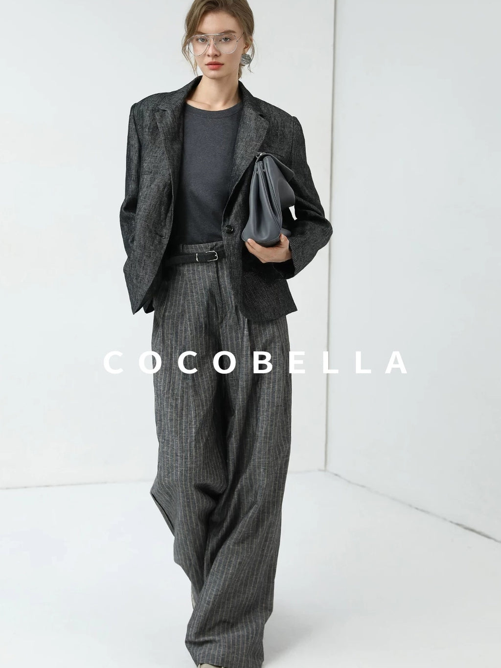 COCOBELLA High Waisted Wide Leg Striped Blazer Suit Set Women Workwear Pants