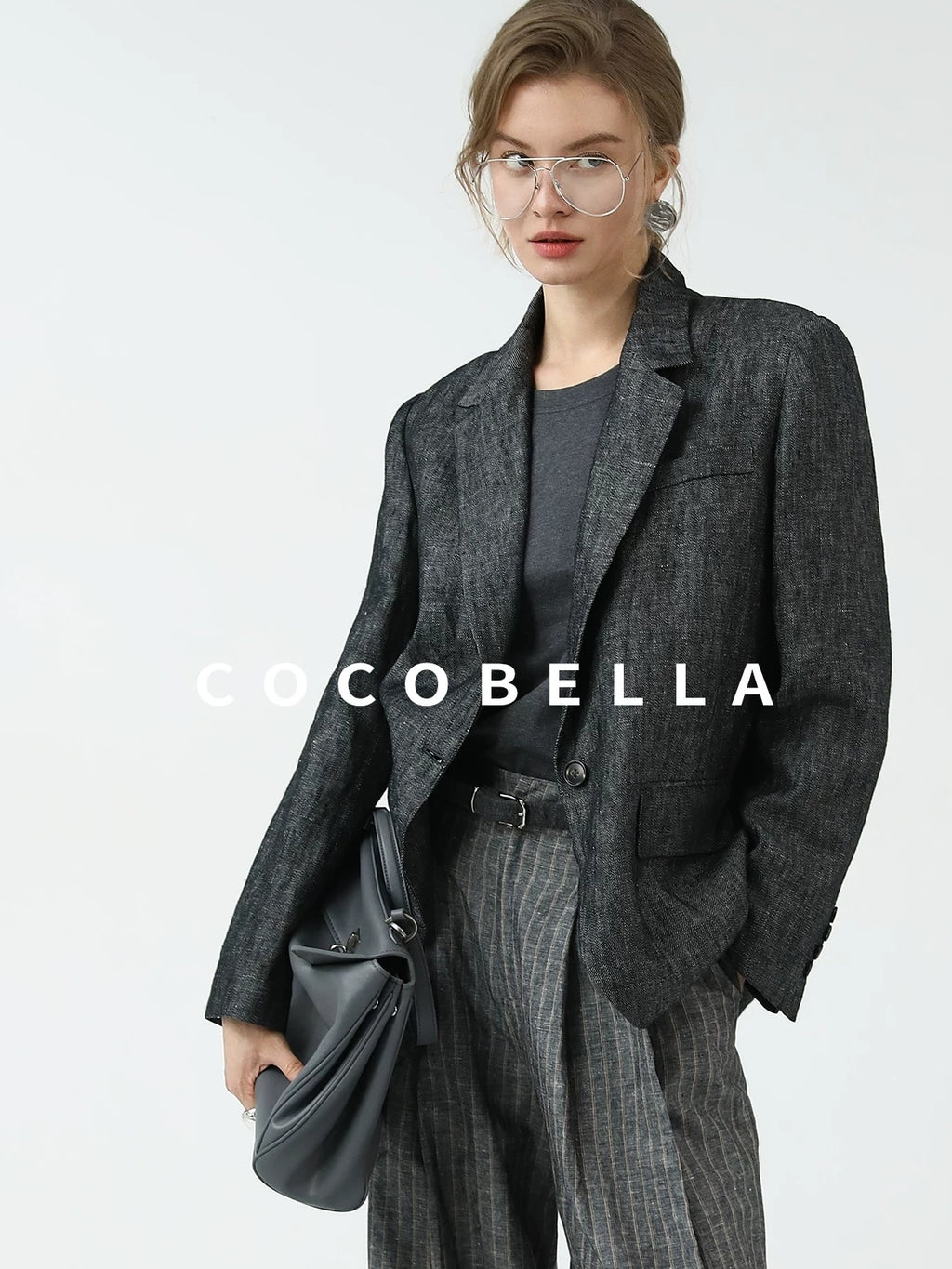 COCOBELLA High Waisted Wide Leg Striped Blazer Suit Set Women Workwear Pants
