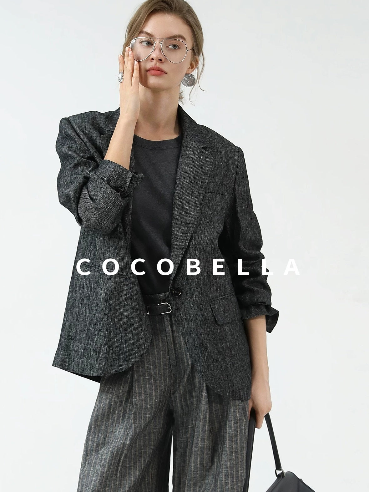 COCOBELLA High Waisted Wide Leg Striped Blazer Suit Set Women Workwear Pants