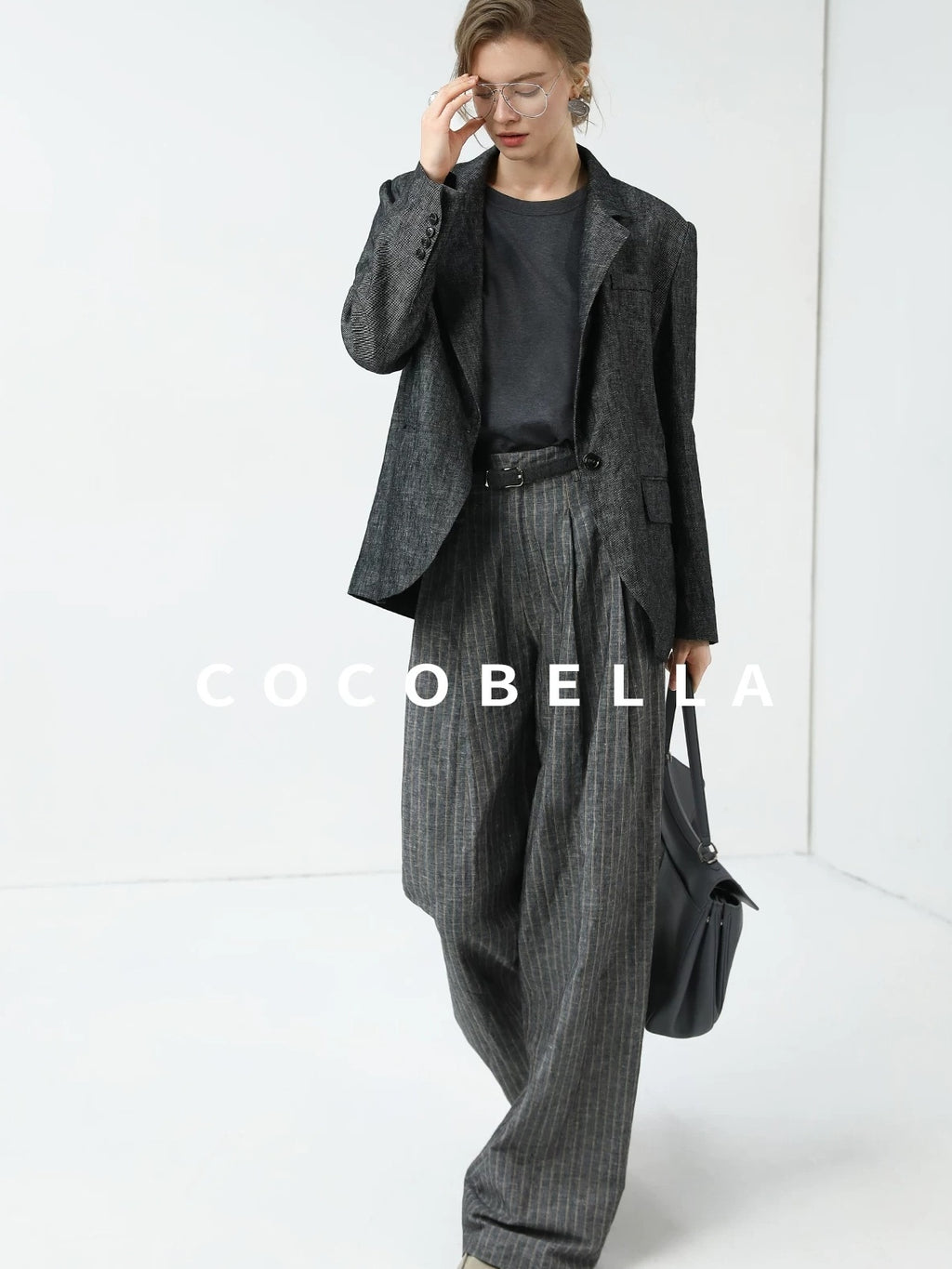 COCOBELLA High Waisted Wide Leg Striped Blazer Suit Set Women Workwear Pants