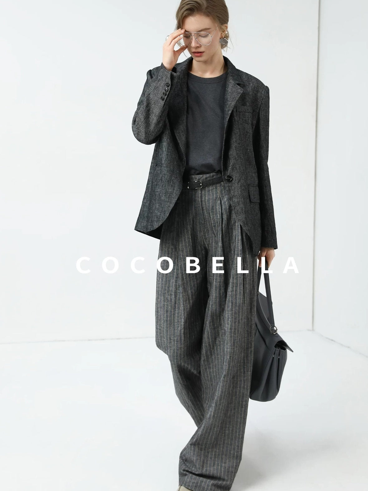 COCOBELLA High Waisted Wide Leg Striped Blazer Suit Set Women Workwear Pants