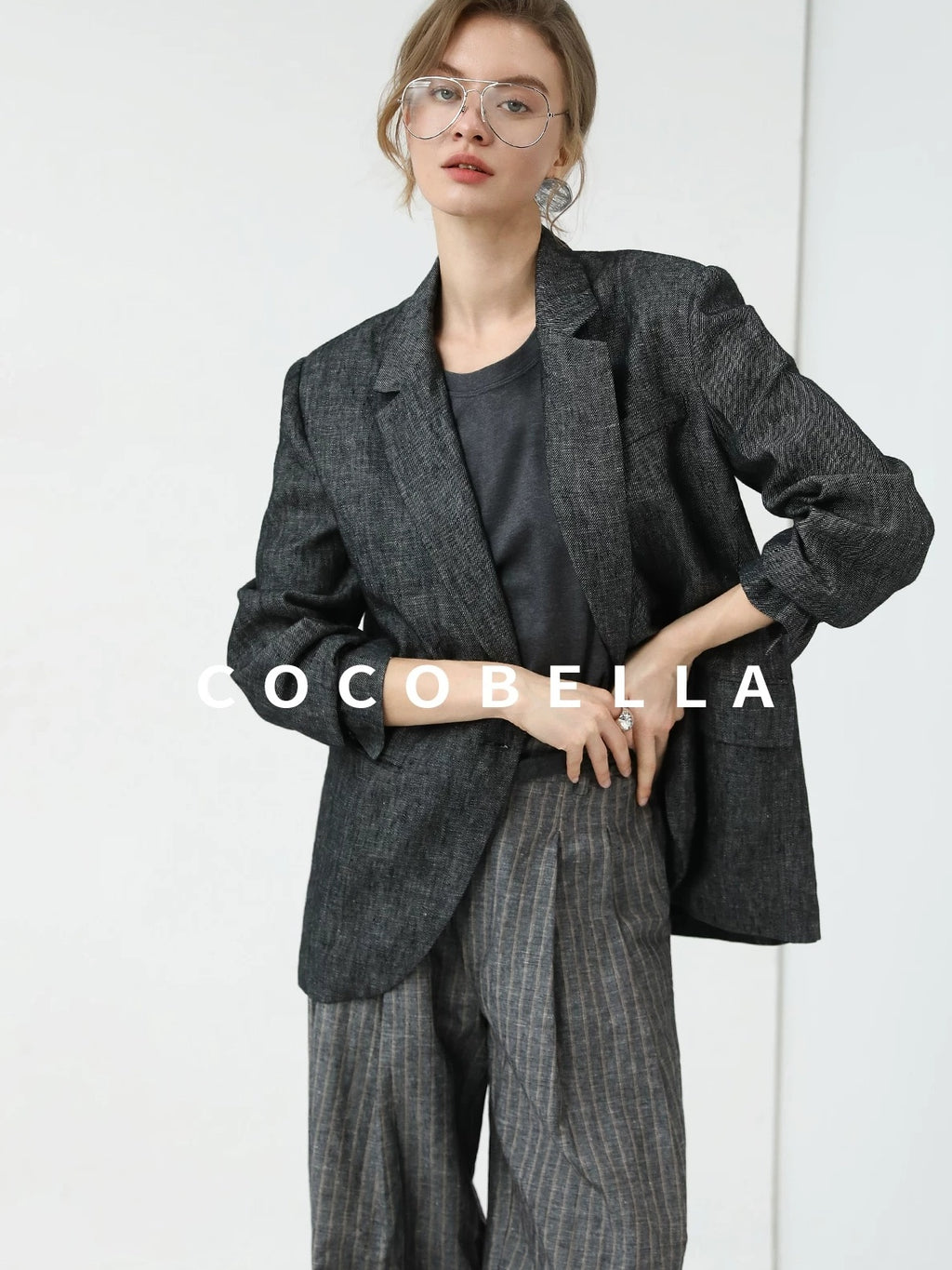 COCOBELLA High Waisted Wide Leg Striped Blazer Suit Set Women Workwear Pants