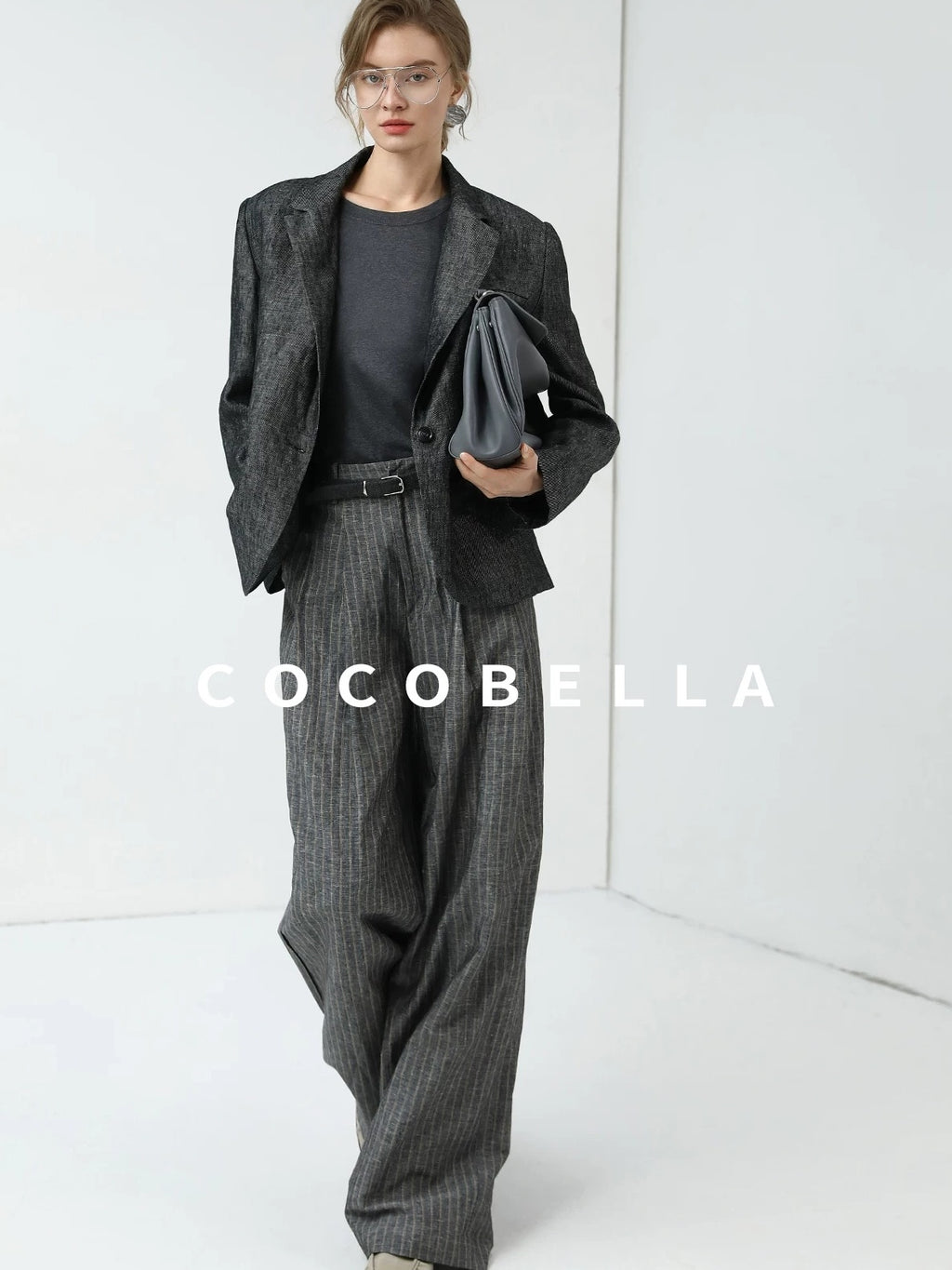 COCOBELLA High Waisted Wide Leg Striped Blazer Suit Set Women Workwear Pants