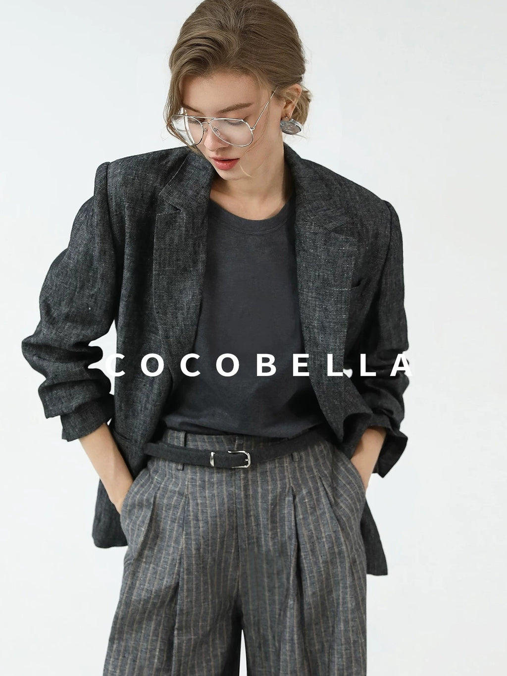 COCOBELLA High Waisted Wide Leg Striped Blazer Suit Set Women Workwear Pants