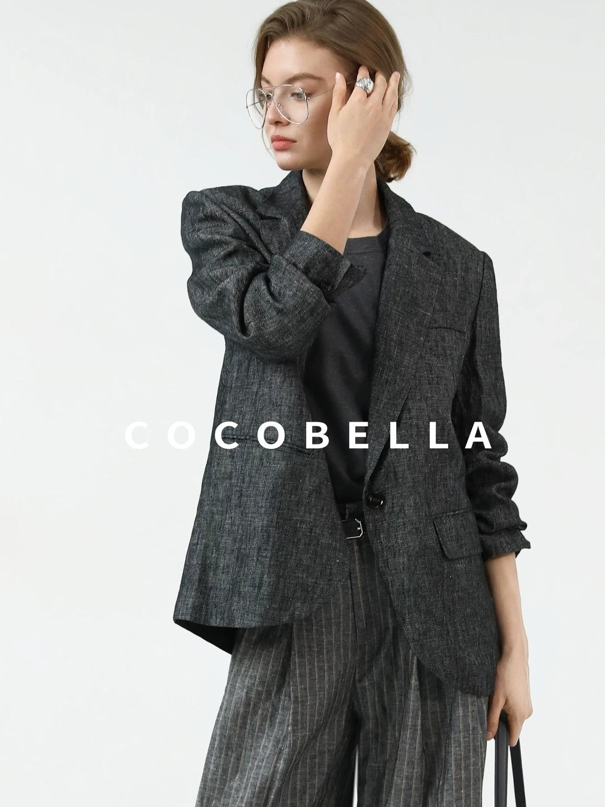 COCOBELLA High Waisted Wide Leg Striped Blazer Suit Set Women Workwear Pants