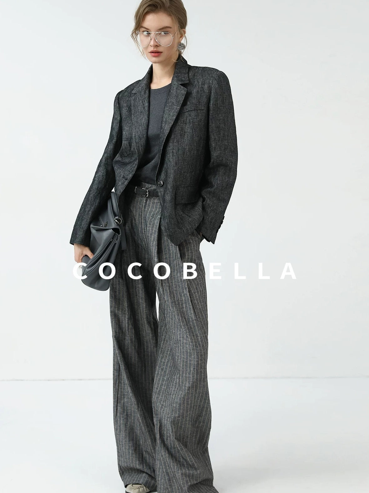 COCOBELLA High Waisted Wide Leg Striped Blazer Suit Set Women Workwear Pants