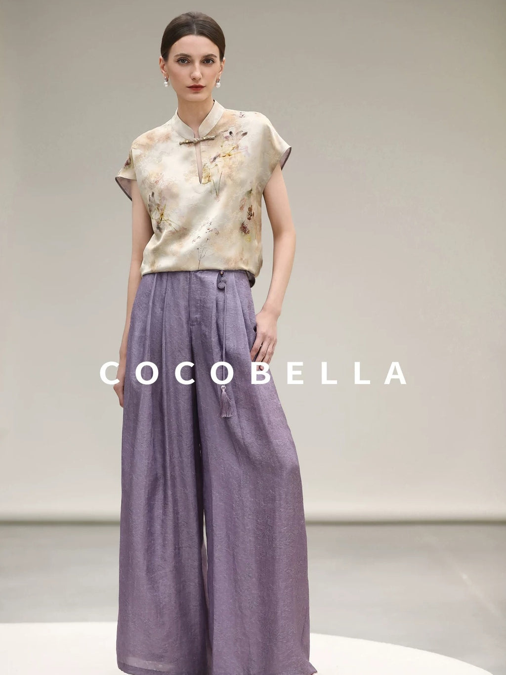 COCOBELLA Jacquard 3D Embellished Oriental Wide Leg Natural Waist Women Lyocell Pants