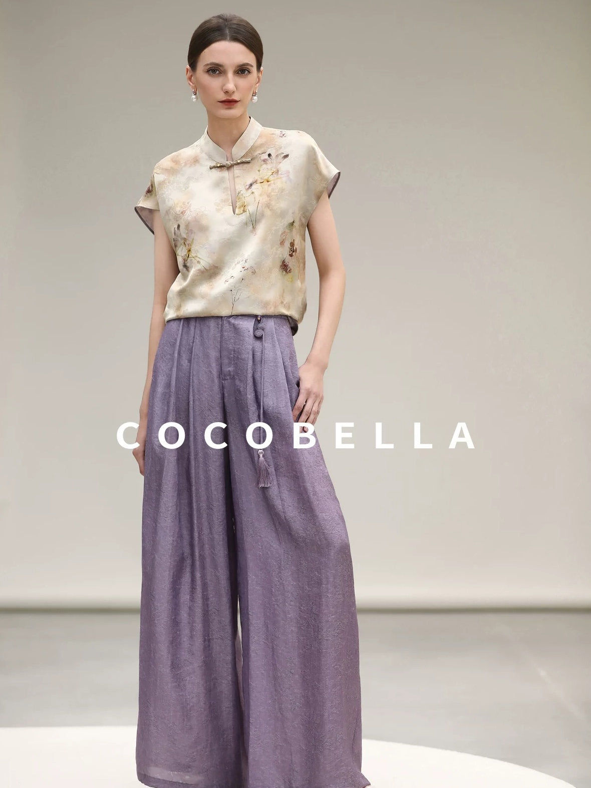 COCOBELLA Jacquard 3D Embellished Oriental Wide Leg Natural Waist Women Lyocell Pants