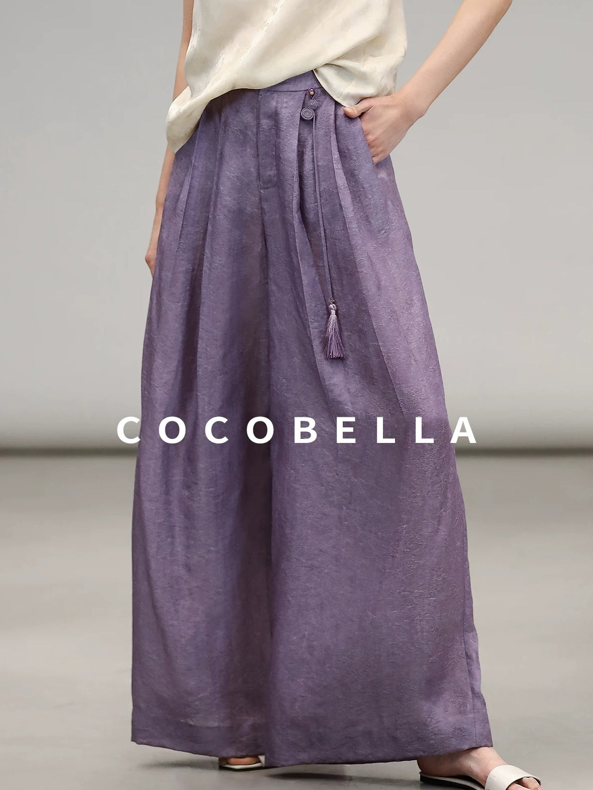 COCOBELLA Jacquard 3D Embellished Oriental Wide Leg Natural Waist Women Lyocell Pants