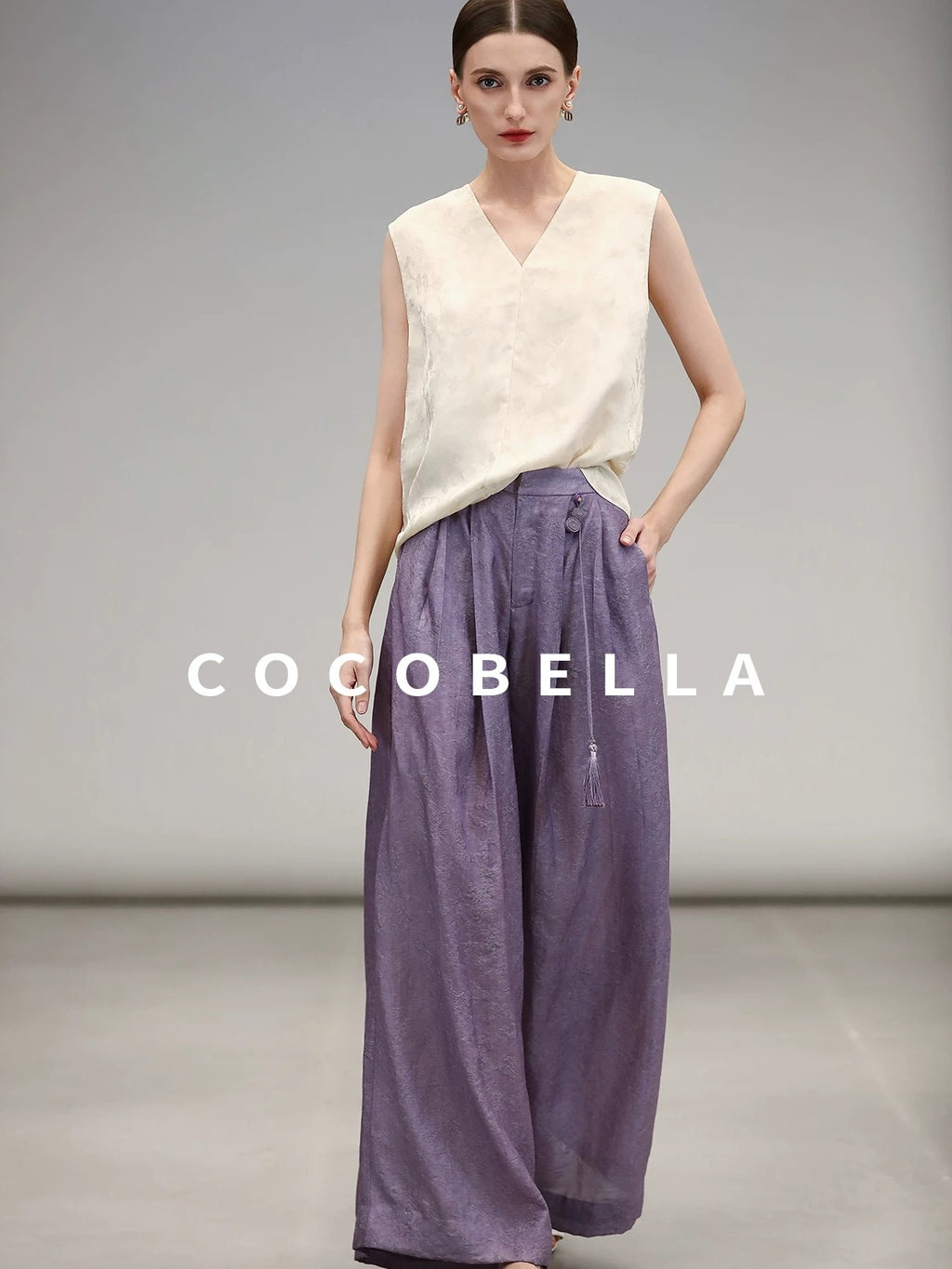 COCOBELLA Jacquard 3D Embellished Oriental Wide Leg Natural Waist Women Lyocell Pants