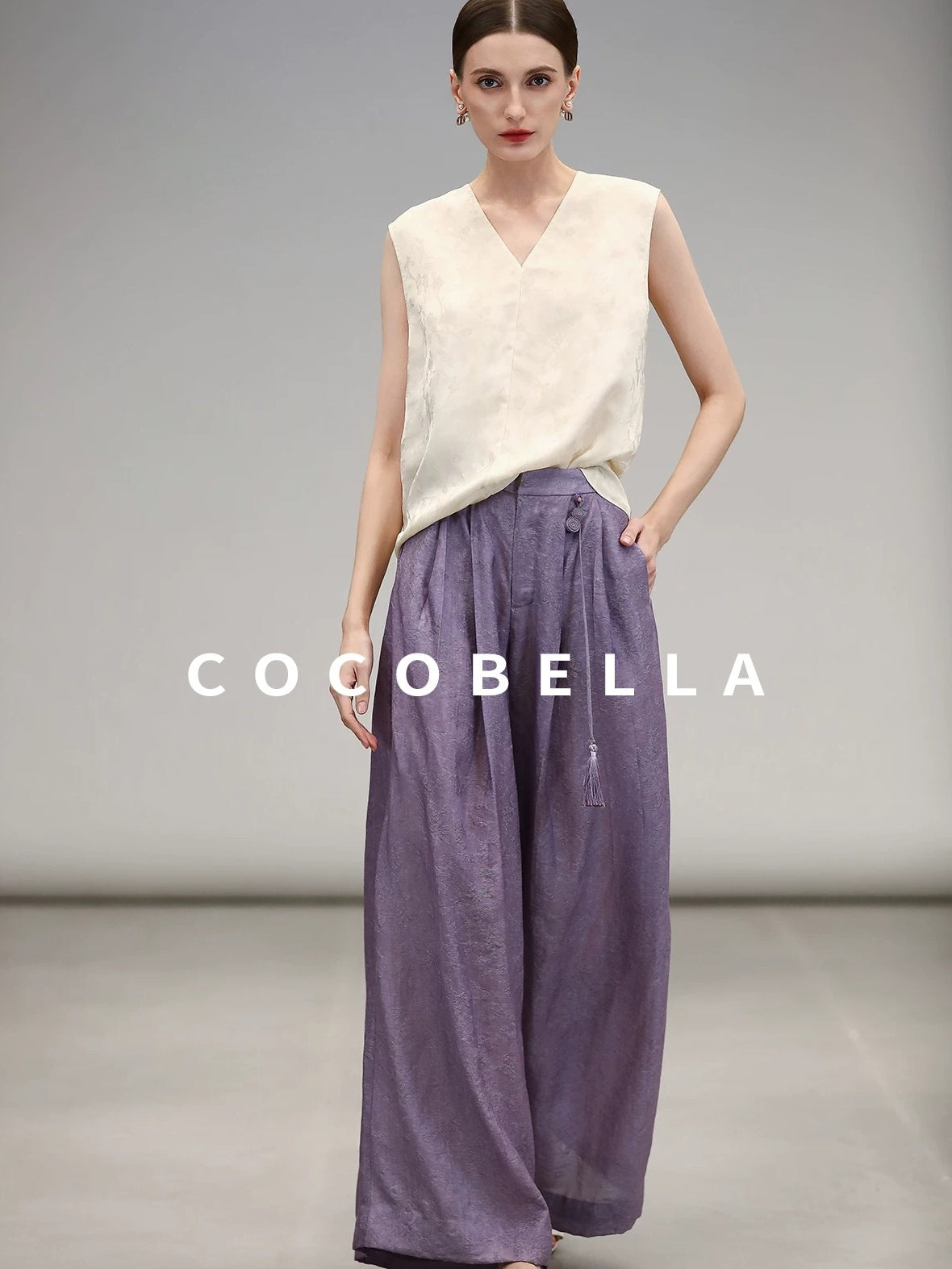 COCOBELLA Jacquard 3D Embellished Oriental Wide Leg Natural Waist Women Lyocell Pants
