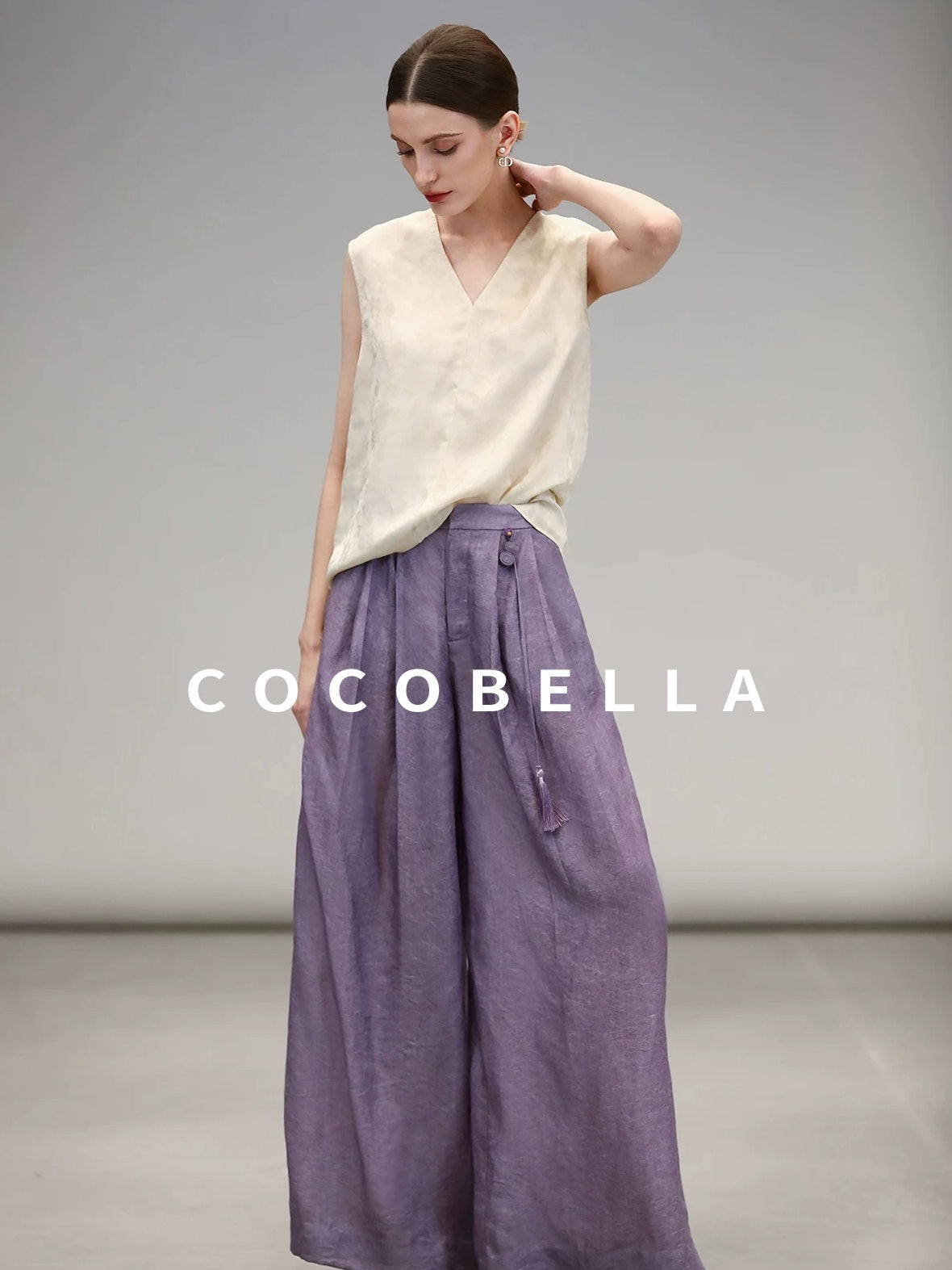COCOBELLA Jacquard 3D Embellished Oriental Wide Leg Natural Waist Women Lyocell Pants