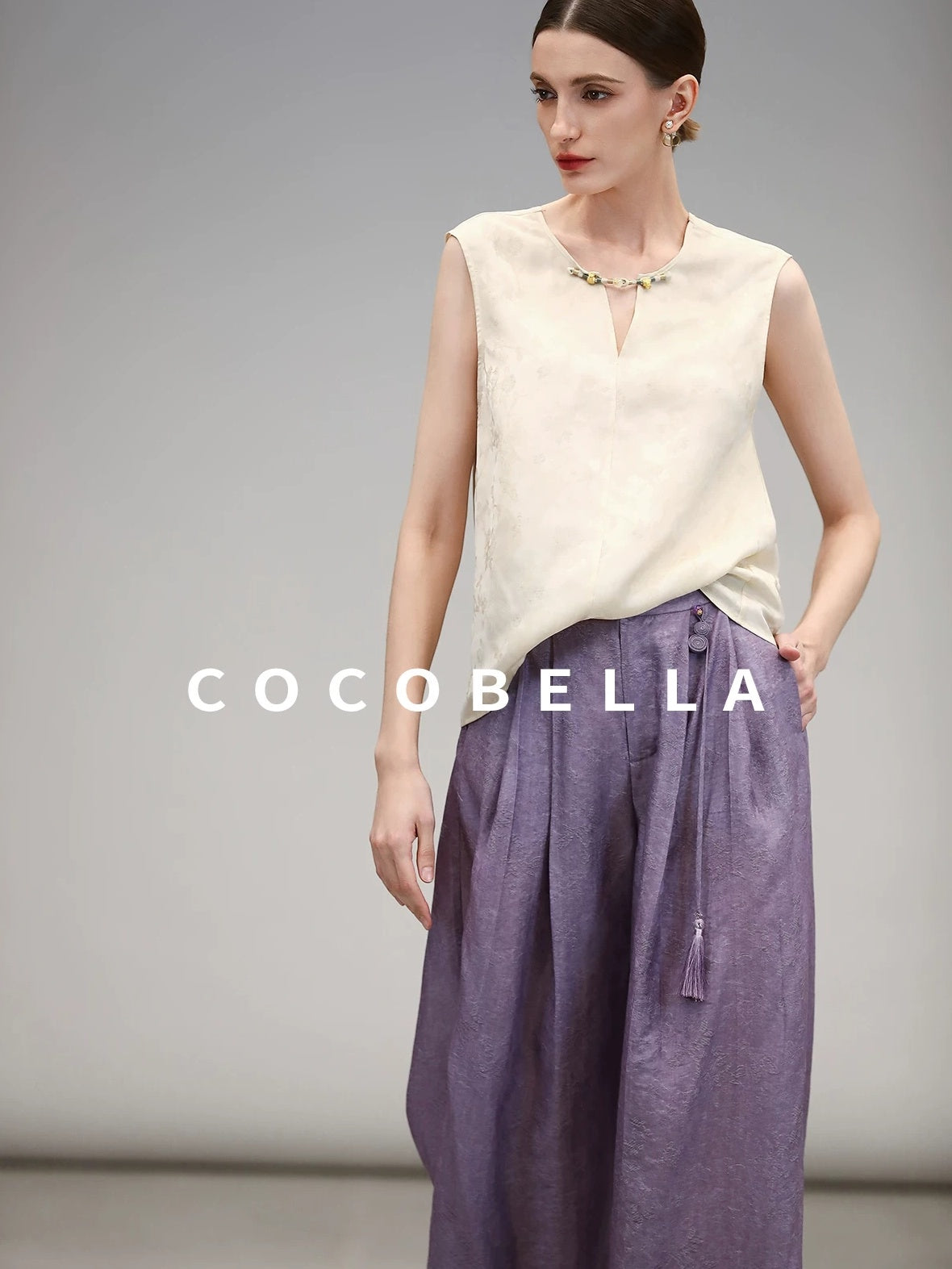 COCOBELLA Jacquard 3D Embellished Oriental Wide Leg Natural Waist Women Lyocell Pants