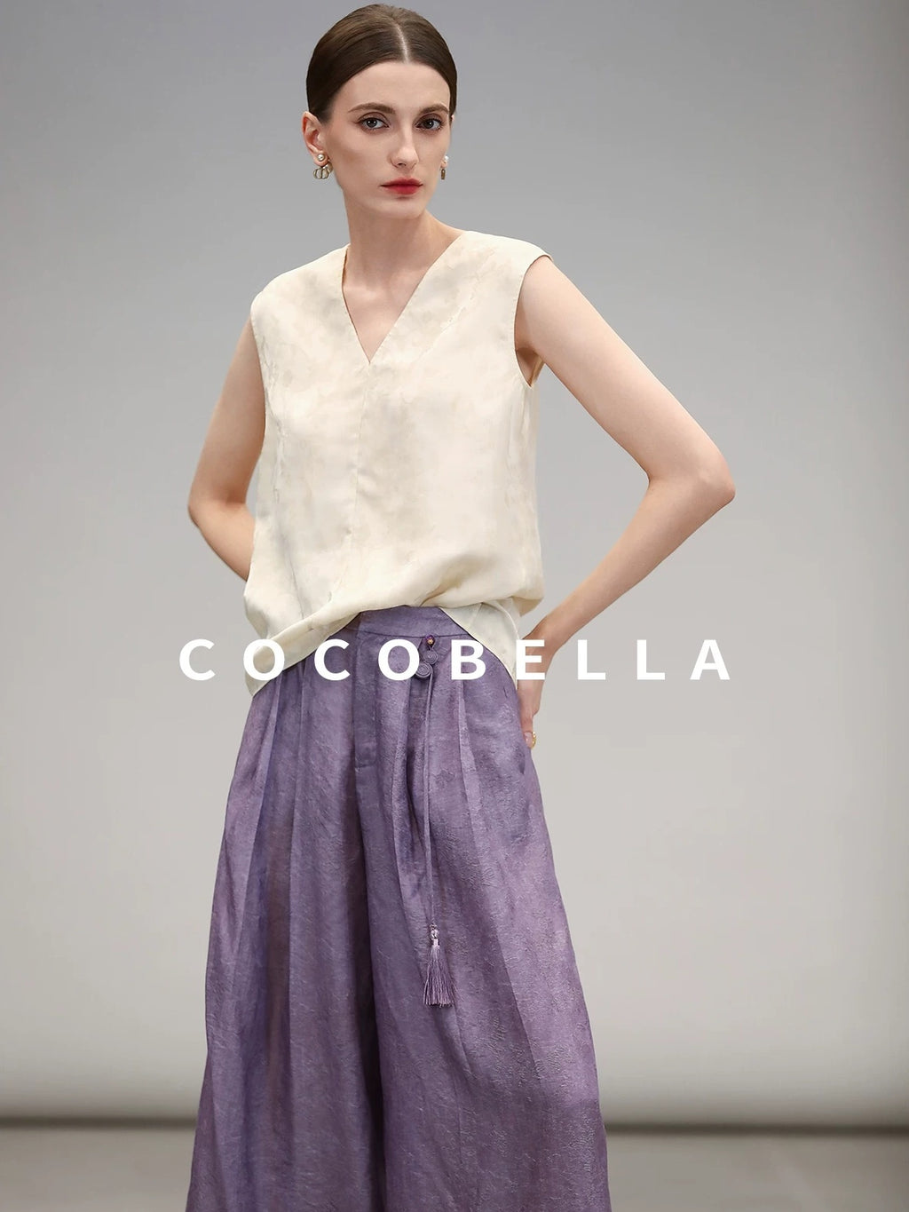 COCOBELLA Jacquard 3D Embellished Oriental Wide Leg Natural Waist Women Lyocell Pants