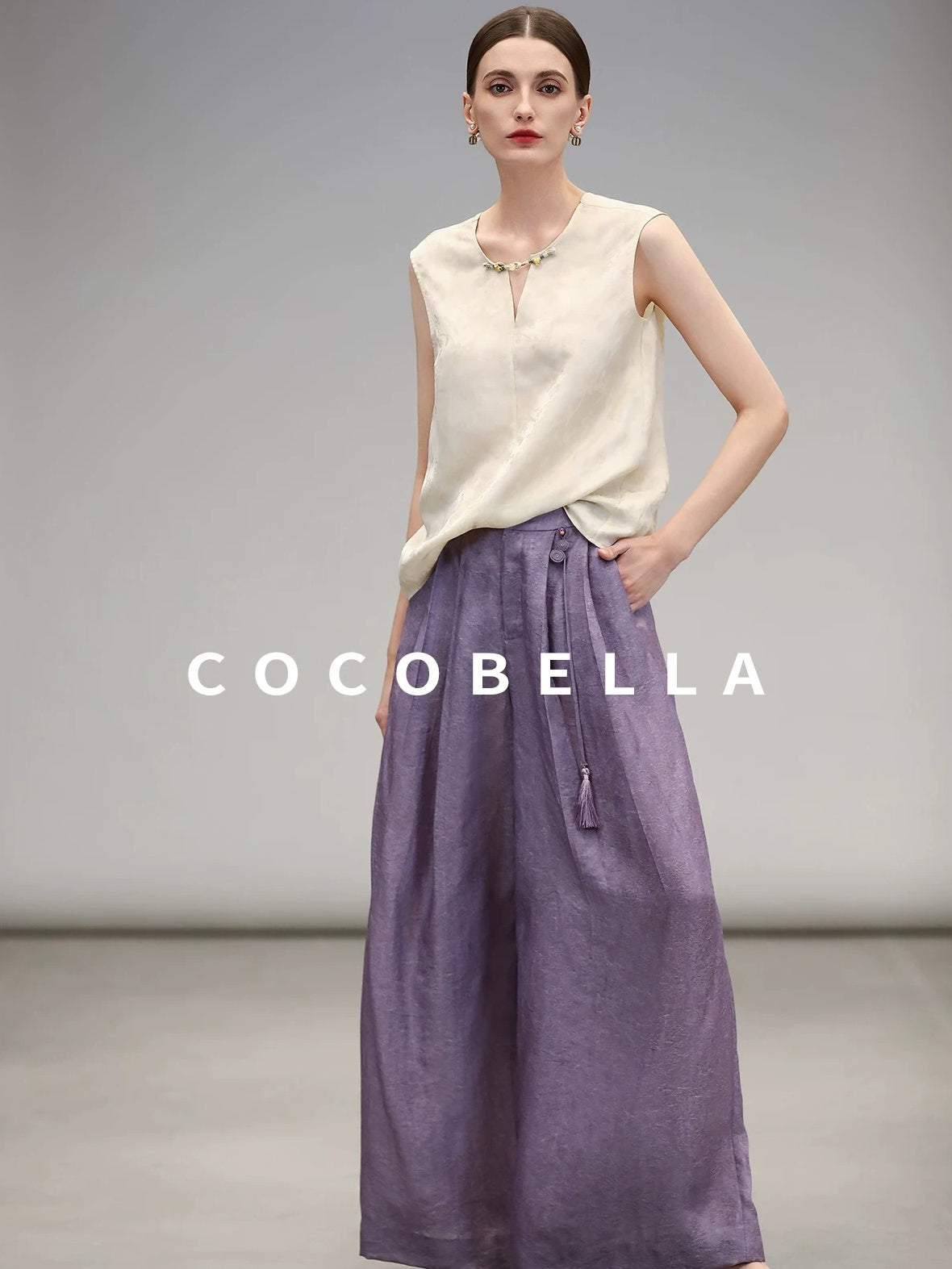 COCOBELLA Jacquard 3D Embellished Oriental Wide Leg Natural Waist Women Lyocell Pants