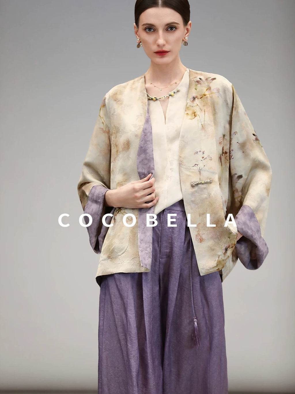 COCOBELLA Jacquard 3D Embellished Oriental Wide Leg Natural Waist Women Lyocell Pants